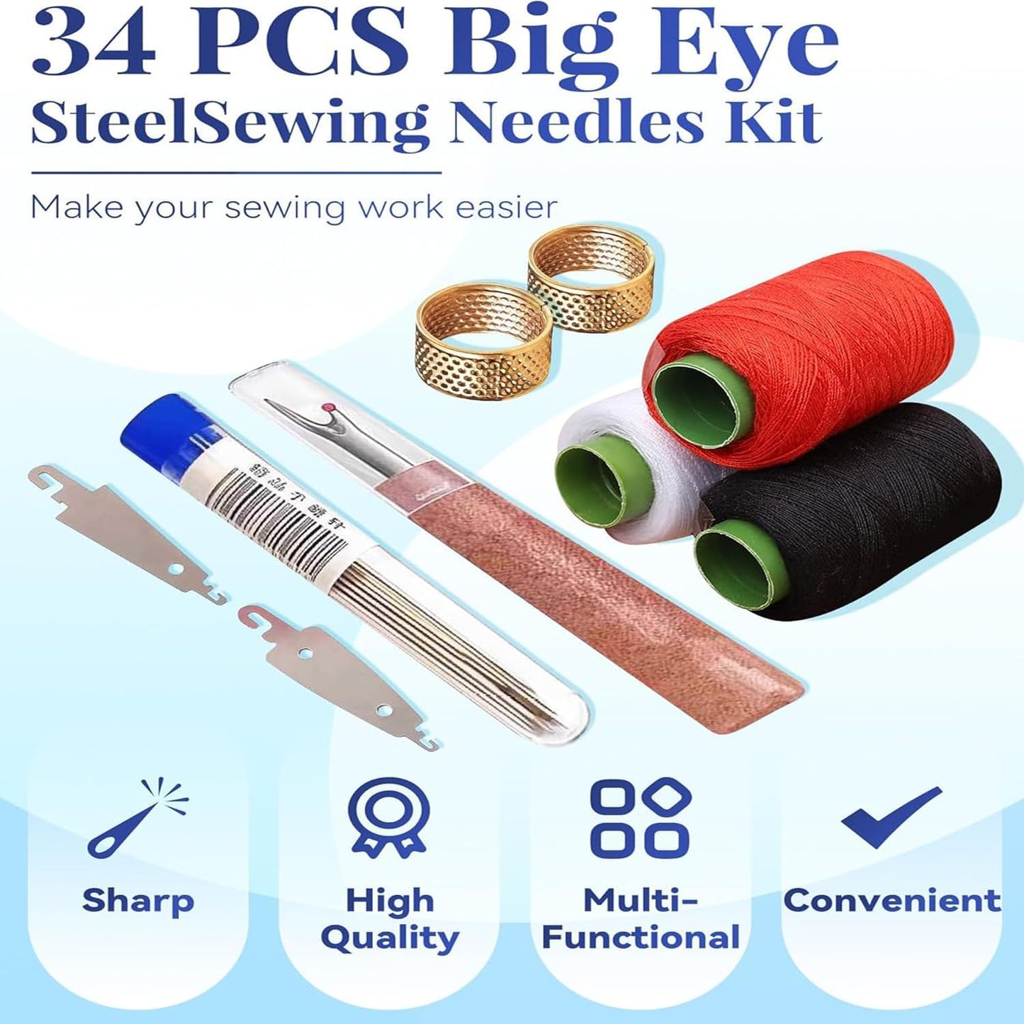 JANTORSGD Steel Needles for Hand Sewing, Big Eye Steel Sewing Needles Kit, Stainless Steel Sewing Needles and Threaders for Handicraft Enthusiasts, Portable DIY Handcraft Set, 34Pcs BST220