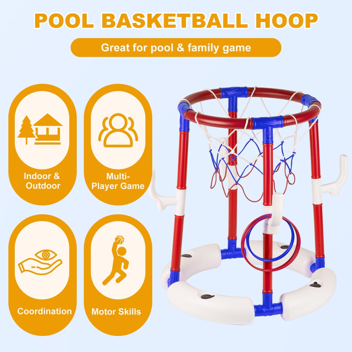 Taotuo Blue Floating Pool Basketball Hoop with Backboard, 2-in-1 Poor Toy Basketball & Ring Toss Game with 4 Balls, 6 Rings&Pump, Summer Pool Toys Outdoor Water Fun Family Party for Age 3-12 DD1210