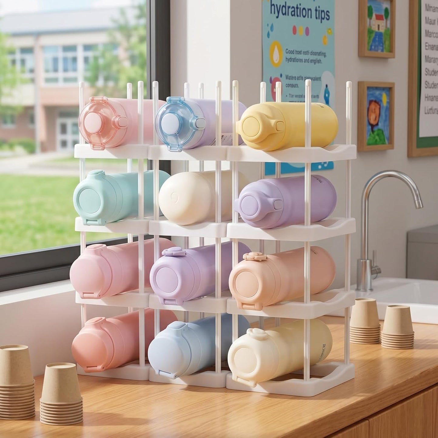 Reallnaive Water Bottle Organizer for Classroom Hydration Station Hold 12 Bottles Back to School Student Cup Water Bottle Holder Stackable ABS Plastic Rack for Office School Classroom Tumbler Storage BST202