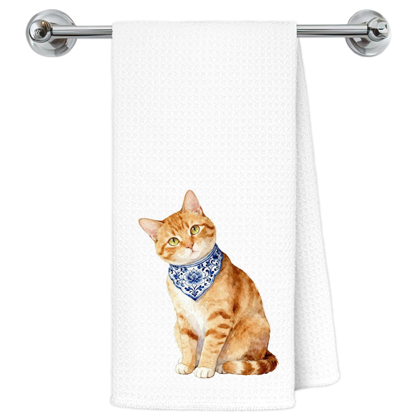 Blue and White Chinoiserie Orange Cat Bathroom Hand Towels, Orange Cat Gifts, Funny Oriental Kitty Decorative Hand Towels Bathroom Restroom Washroom Yoga Spa Zen Decor, 16x24 Inch BST326L