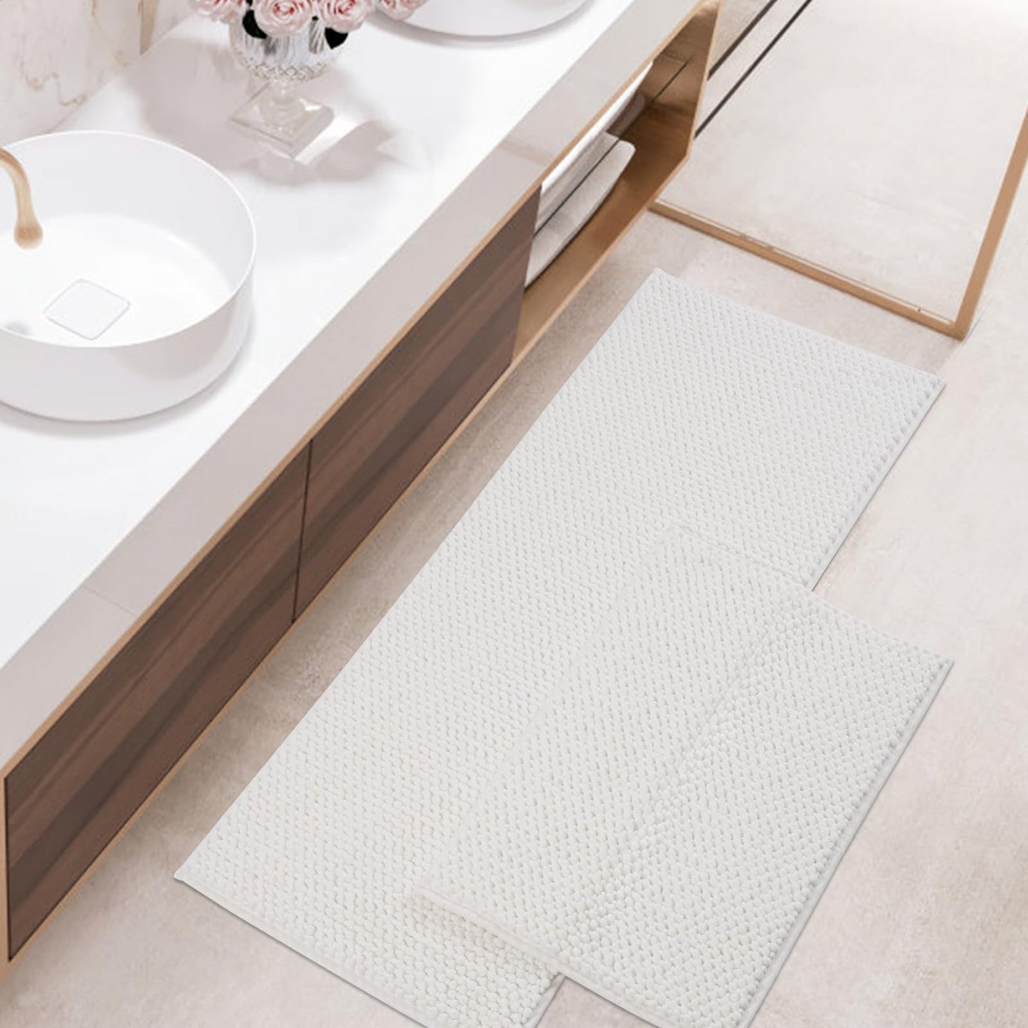 FRESHMINT Chenille Bathroom Rugs Sets 2 Piece 17"x24"+20"x32", Non-Slip Bath Mats, Absorbent Bath Rug, Washable Set of 2 Shower Floor Mat, Gray BST220