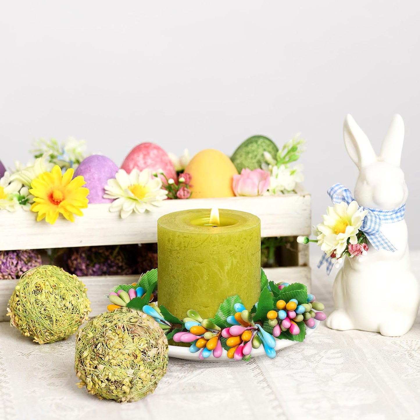 PATKAW 4 PCS Easter Candle Rings Wreaths, Spring Mini Artificial Greenery Wreath for Pillar Candles, Floral Leaf Candl·e Ring Decor for Holiday Party Table Centerpiece, Home Kitchen Decoration BST202