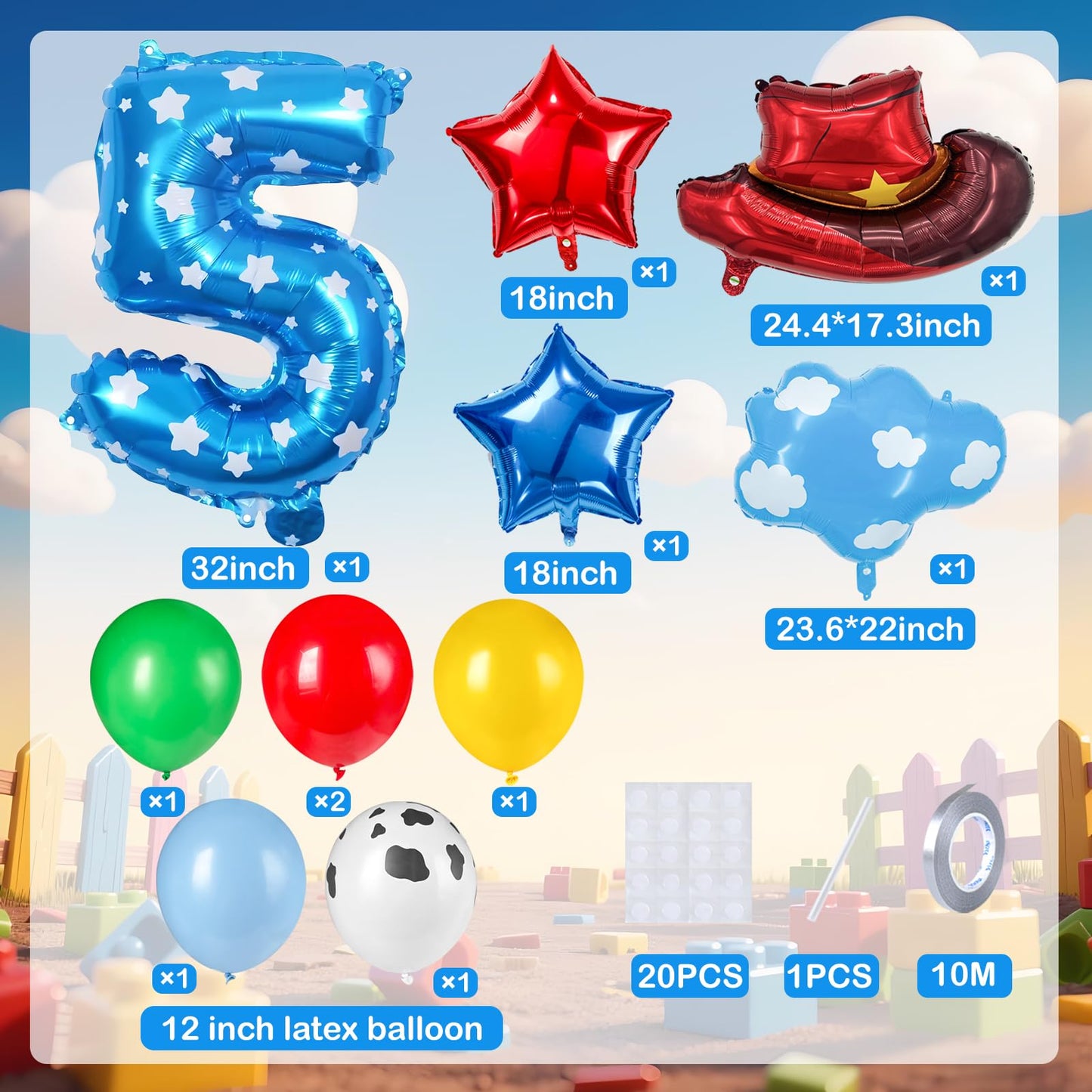 11-Pack Cowboy Theme Balloon Set, Farm Theme Decorations, Balloons with Hats and Clouds, Boys and Girls Birthday Party Supplies (1) BST202