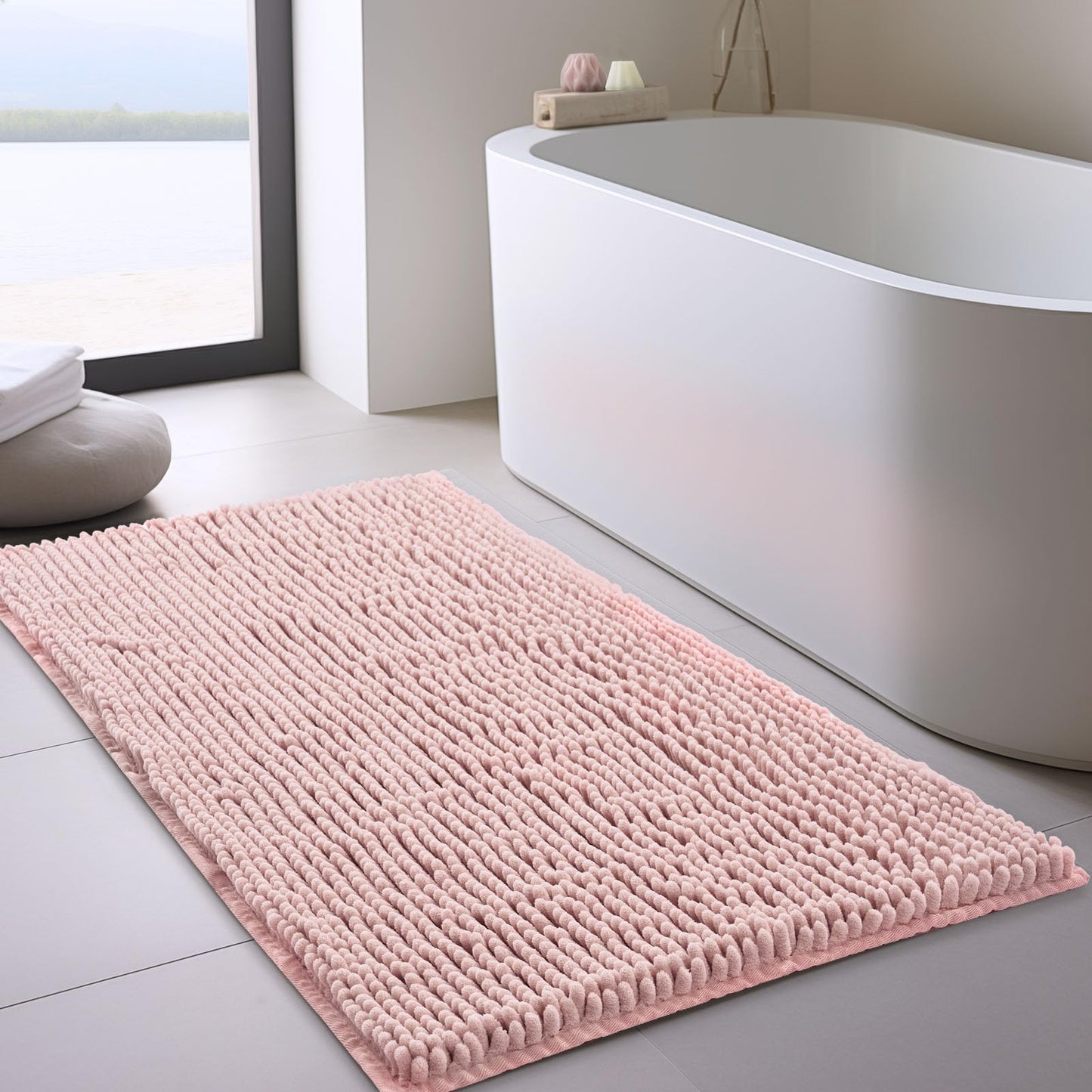FRESHMINT Chenille Bathroom Rugs Mat 24"x17", Non-Slip Bath Mat for Bathroom Floor & Bathtub, Washable Soft Shower Shag Bath Rugs, Fluffy Thick Water Absorbent Microfiber Shower Mat, Sage Green BST220