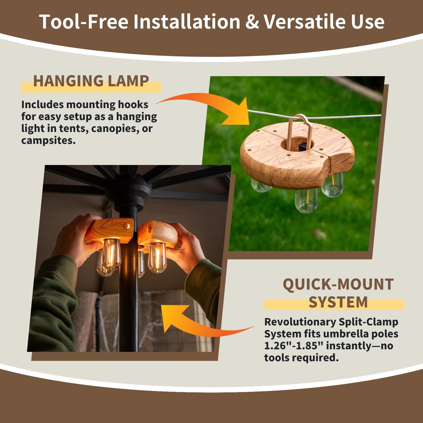 Wood Grain Patio Umbrella Light with Remote Control, Rechargeable Cordless LED Edison Bulbs Pole Light with 10 Brightness Levels for Garden, Patio, Backyard, Camping or BBQ (1 Pack)