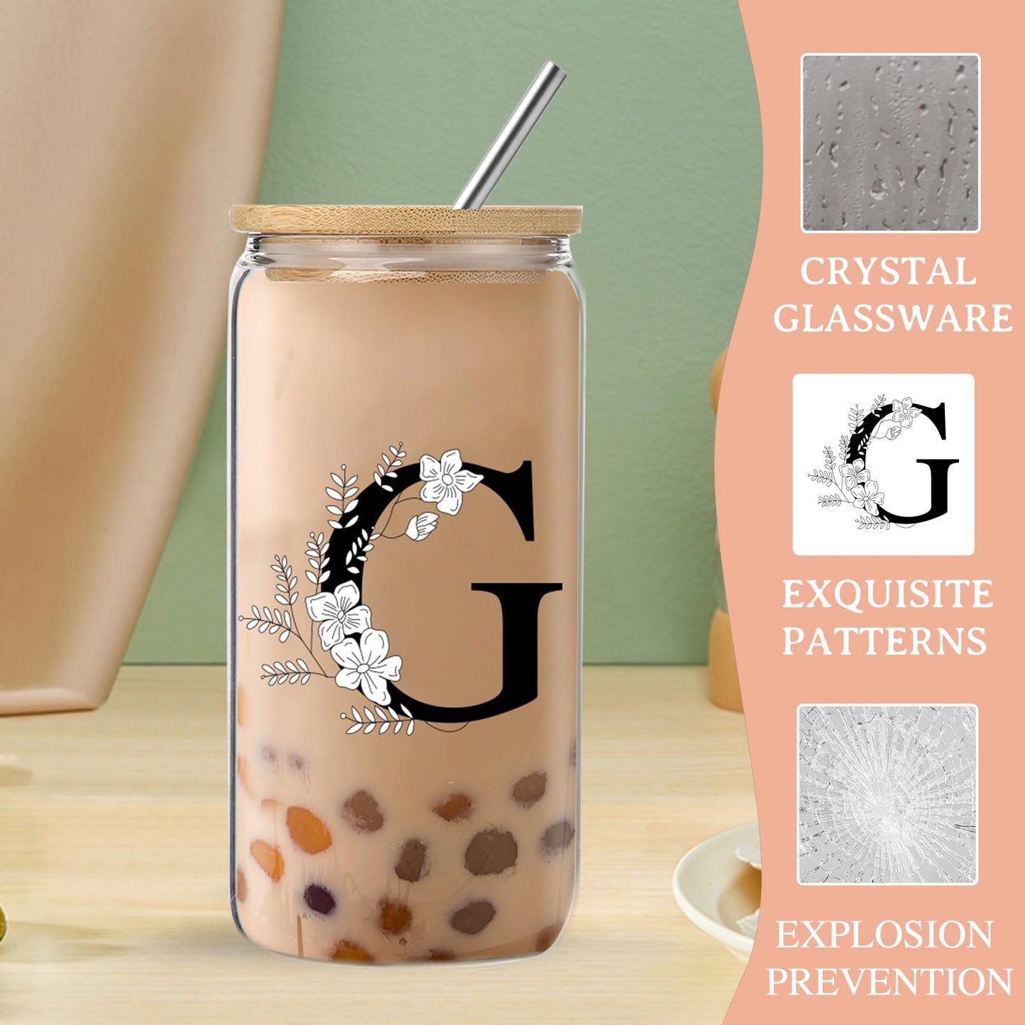 Monogrammed Initial Glass Cup with Lids and Straws gift for Women | Personalized Gift Set with Doll, 16 Oz Ice Coffee Cup ,reusable glass tumbler,Birthday Christmas Gift for Her,U WN420