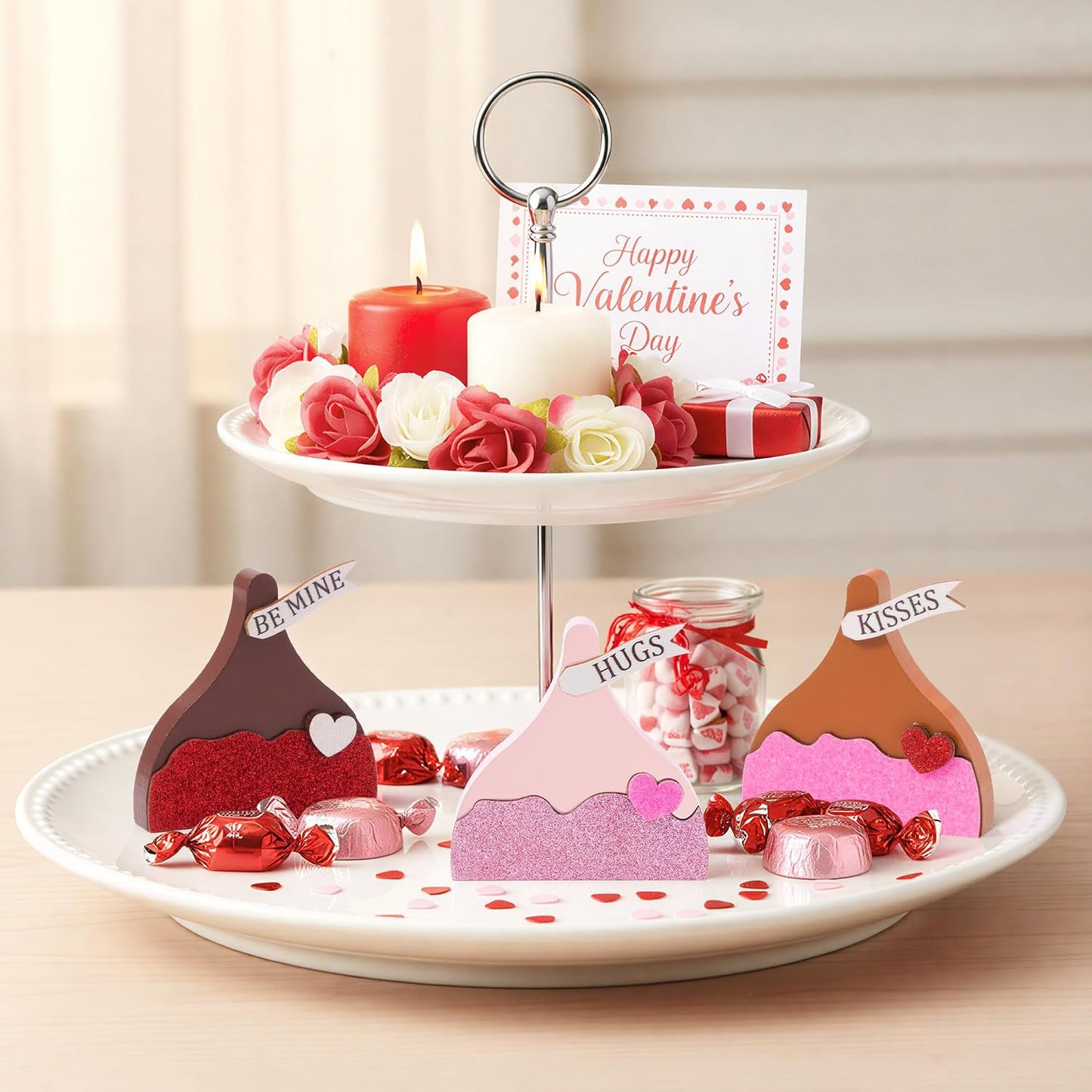 WATINC Valentine Tiered Tray Signs - 3PCS Valentine's Day Kisses Wooden Table Centerpiece Decorations, Sweet Glitter Candy Chocolate Wood Desk Decor, Romantic Tabletop Wedding Farmhouse Party Gifts BST202