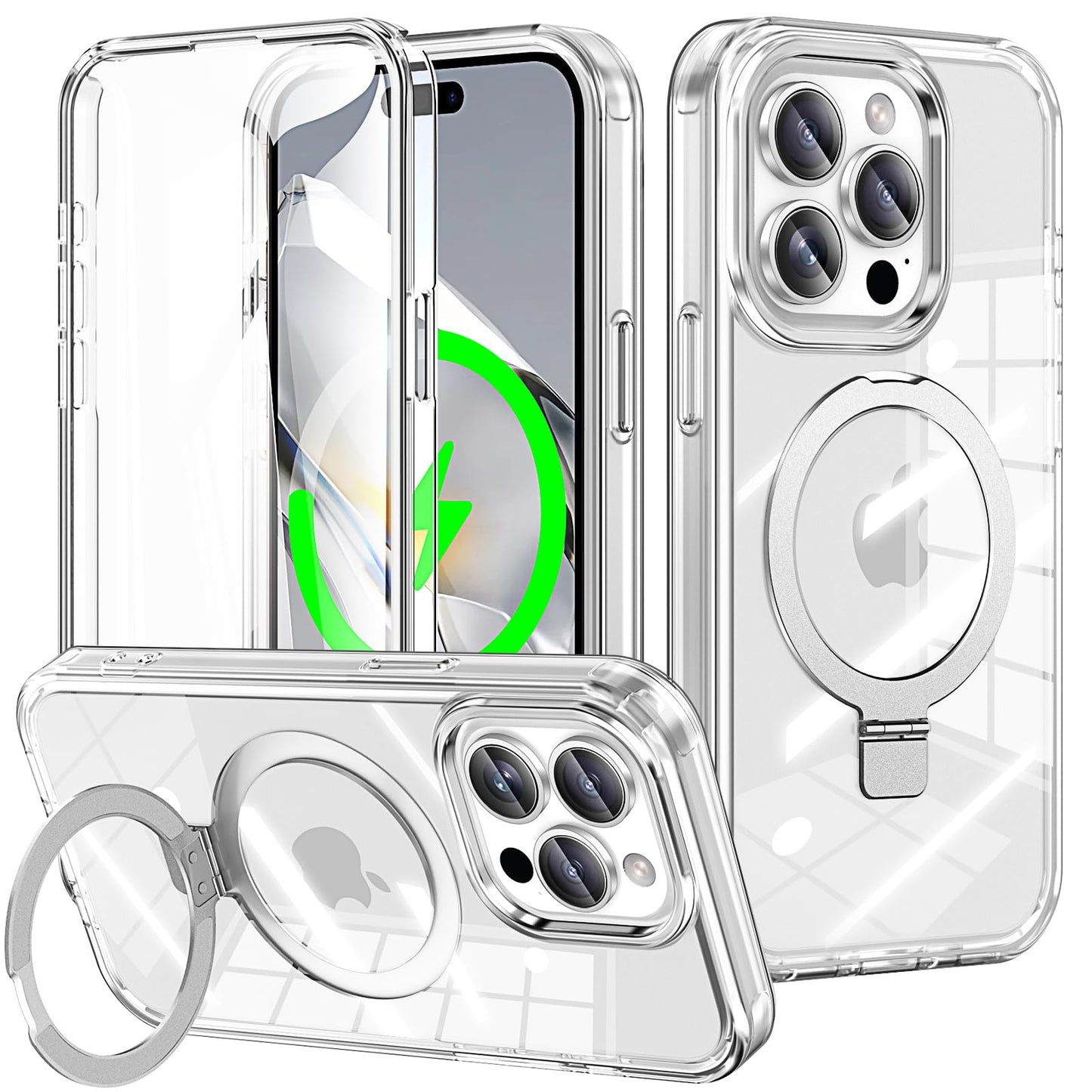for iPhone 13 Pro Full Body Shockproof Case with Magnetic Invisible Stand [Compatible with MagSafe] Built-in Screen Protector Military Drop ProtectionTranslucent Phone Cover -Hot Pink WN420