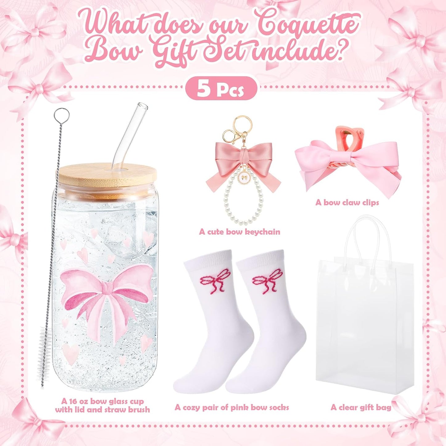 5 Pcs Mother's Day Pink Bow Gift Set with Cute Bow Keychain, Aesthetic Cup, Socks, Clear Gift Bag, Bows Claw Clips Coquette Stuff for Girls Women Friends Birthday BST326H