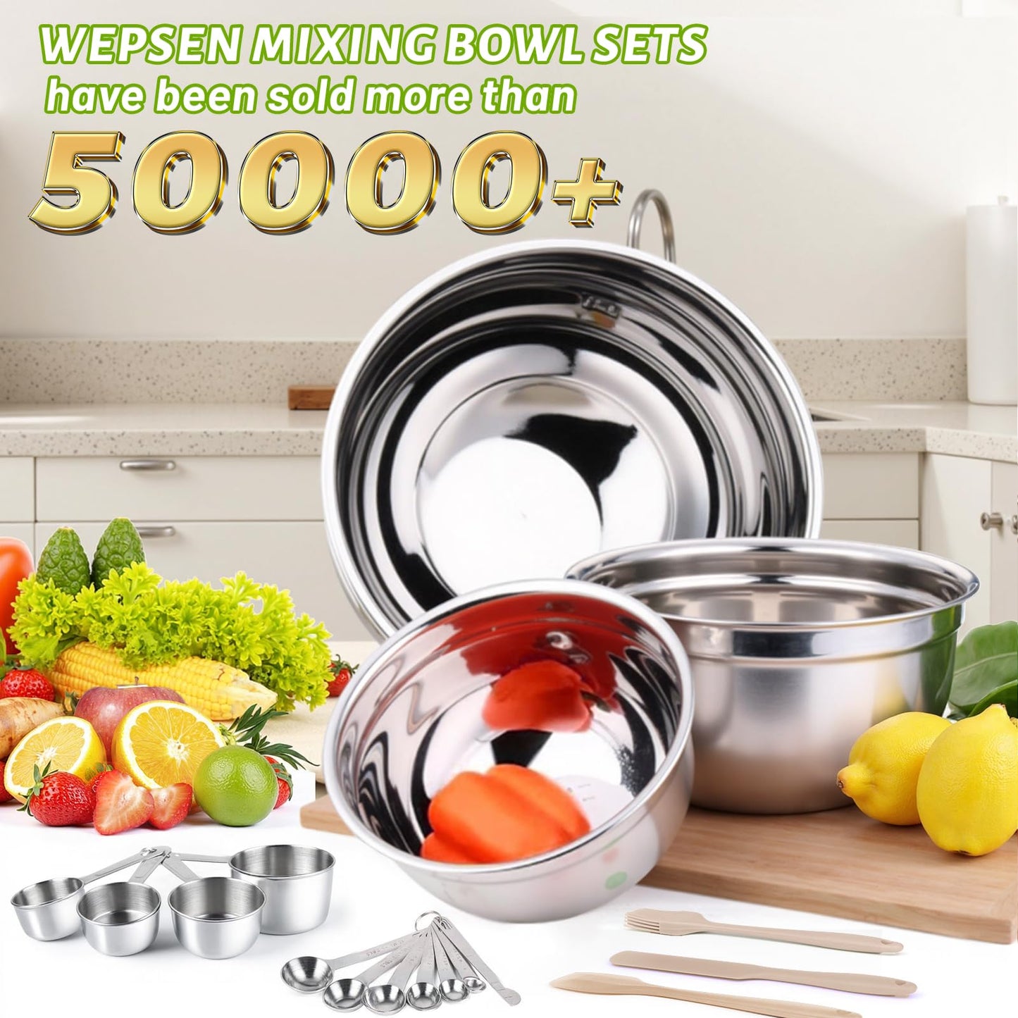 WEPSEN Mixing Bowls Set, 25PCS Stainless Steel Mixing Bowl with Lid Set, Large Nesting Bowls 7, 4.5, 3,2, 1.5QT, Measuring Cups and Spoons Baking Utensils Metal Bowl for Kitchen Prep BST220