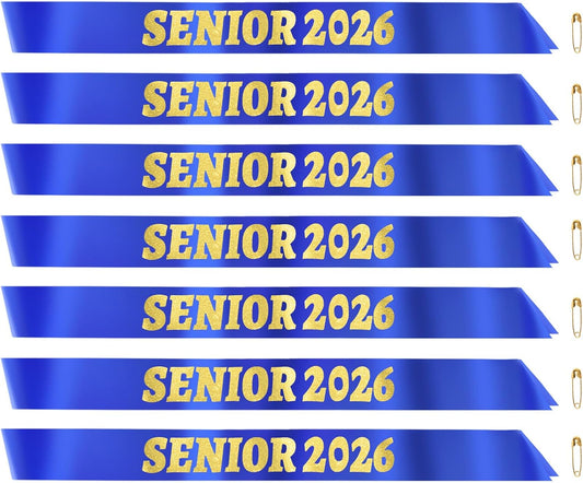 7 Pcs Senior Sashes 2026 Set, Blue Senior Satin Sash with Gold Letters for Class of 2026 Graduation Party Decorations Supplies Favors, Senior Sashes Class of 2026, Graduation Sash 2026 BST220