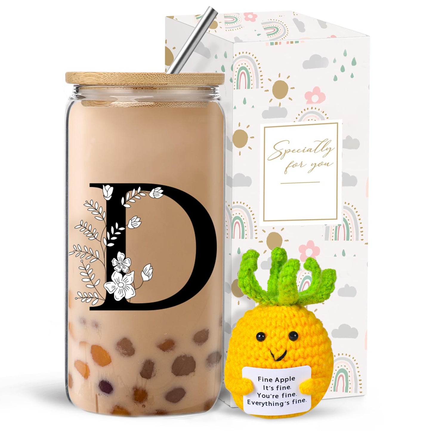 Monogrammed Initial Glass Cup with Lids and Straws gift for Women | Personalized Gift Set with Doll, 16 Oz Ice Coffee Cup ,reusable glass tumbler,Birthday Christmas Gift for Her,U WN420