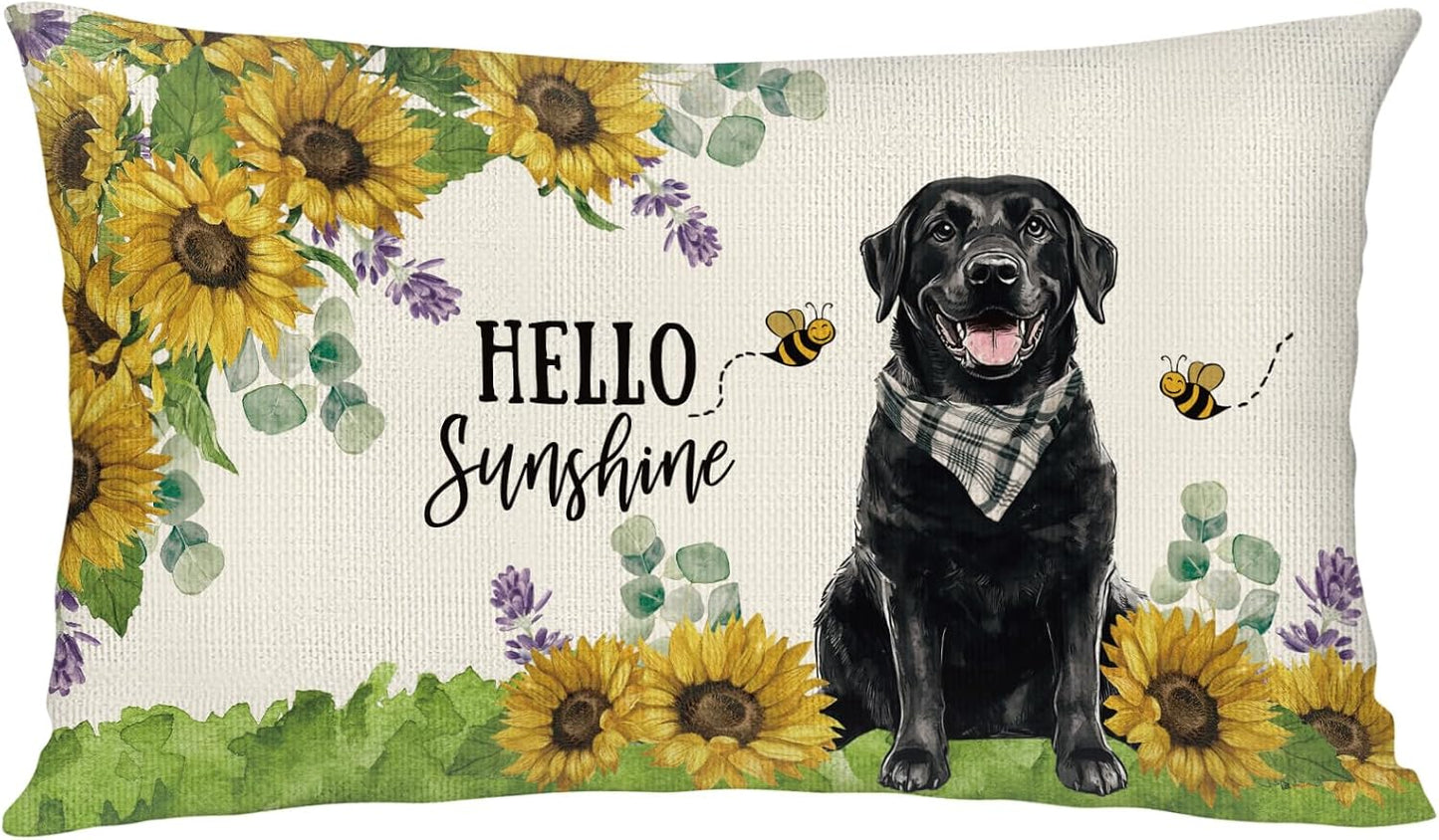 Sunflower Black Labrador Dog Lumbar Throw Pillow Cover 12x20 Inch Summer Cushion Case Decoration for Sofa Couch BST202