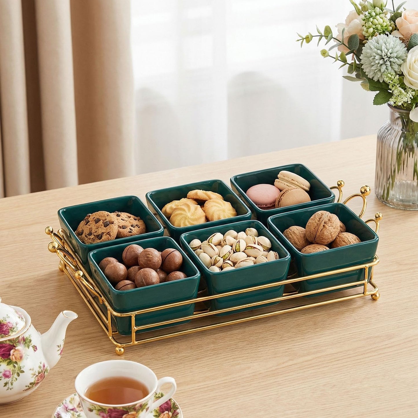 YA JU Ceramic Bowls and with Lid Gold Basket Trays, 4 Removable Small Bowls Condiment Trays Nut Serving Set for Snacks, Fruits, Candy and Condiments - Great for Parties, Holiday Gifts,White BST202