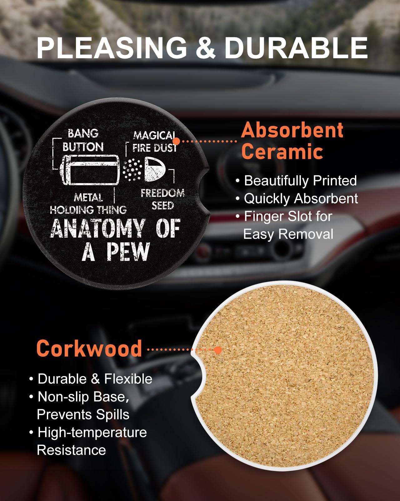 Swooflia Car Coasters for Men - Touch Down Ceramic Car Cupholder Coaster Cool Absorbent Mat Coaster with Cork Base 2 Pack Automotive Cup Holder Accessories New Driver Gifts WN420
