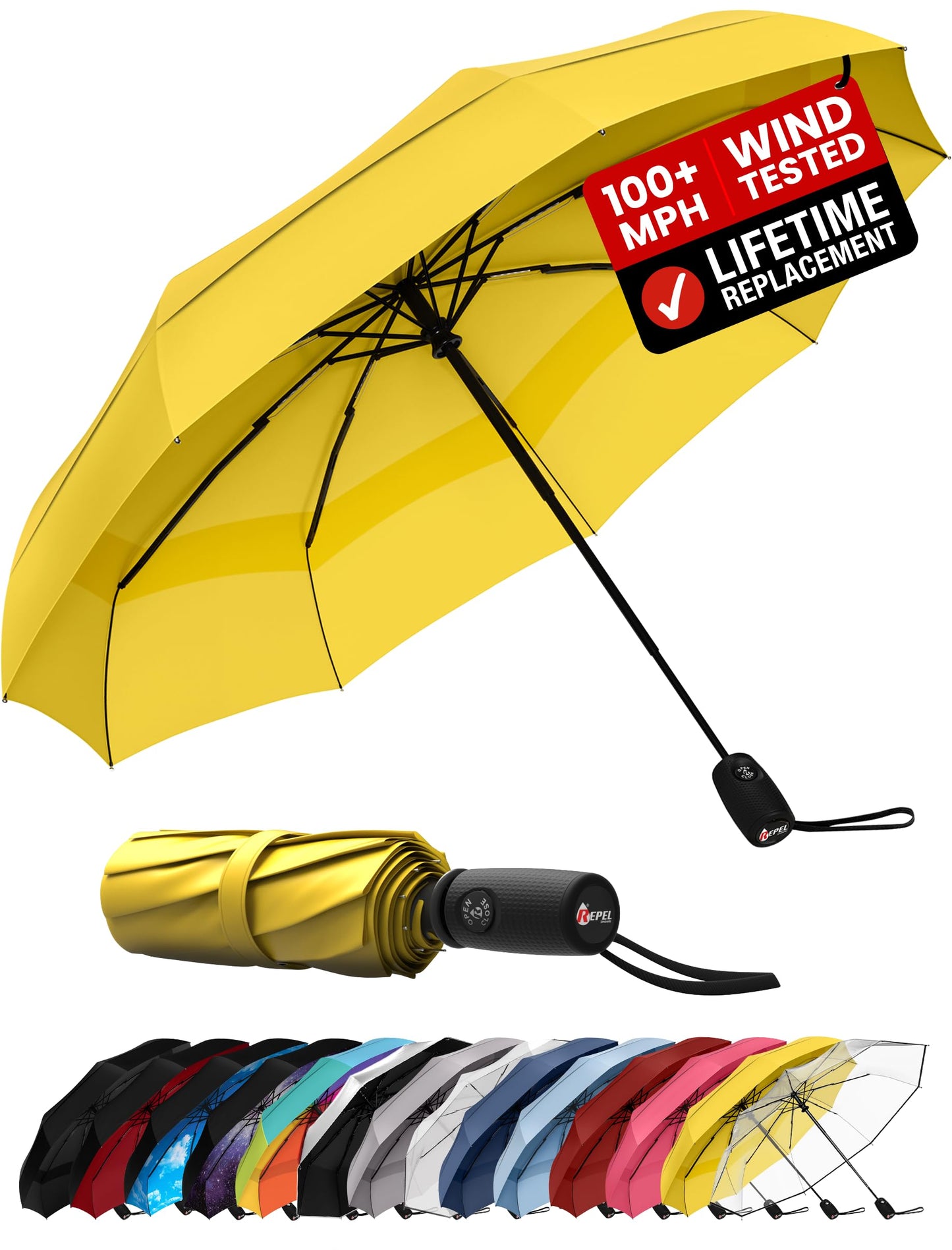 Repel Windproof Travel Umbrella - Compact & Withstands Winds up to 100MPH , Strongest Premium Auto Folding Umbrella for Rain and Sun - Durable, Light & Portable for Women & Men , Fits Backpack & Cars
