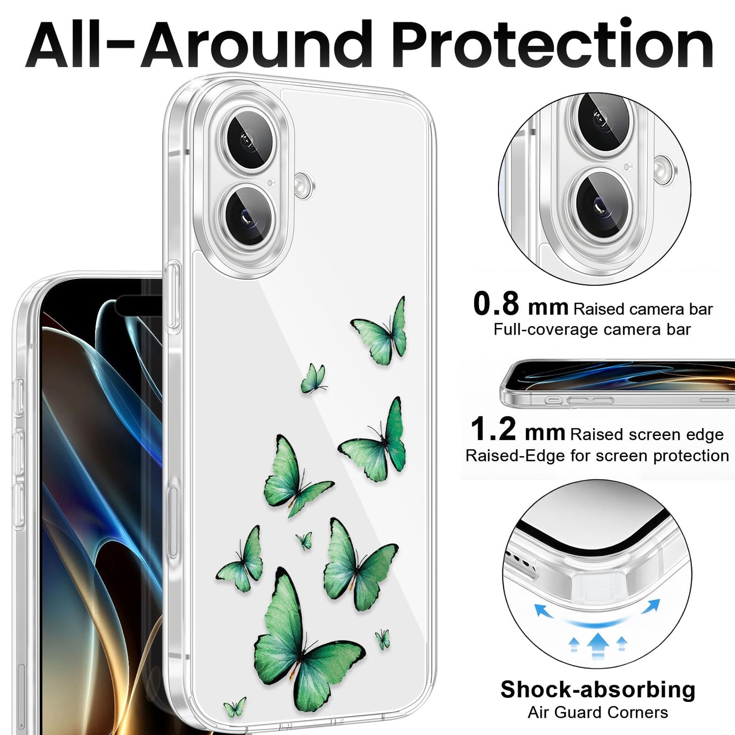 Cute Girly Crystal Clear Case Compatible with iPhone 16 Pro, Camera Control & Shockproof Protection Floral Case for Women, Blue Butterflies WN420