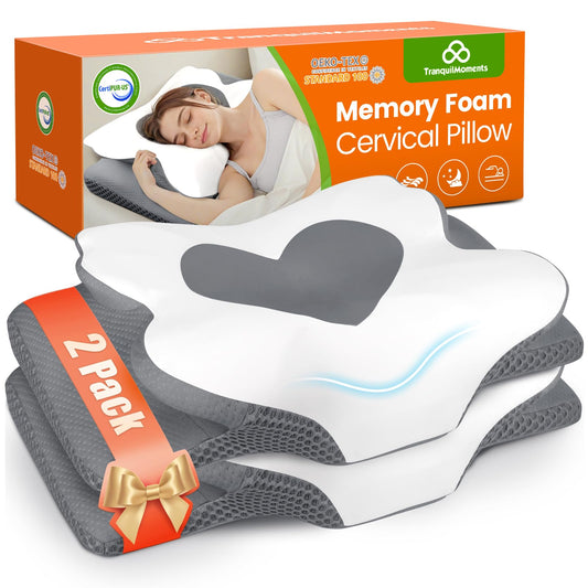 Cervical Neck Pillow for Sleeping, Memory Foam Pillow for Neck Support, Ergonomic Pillow for Pain Relief, Contour Bed Pillow for Side Back Stomach Sleepers, Grey, Queen Size BST220