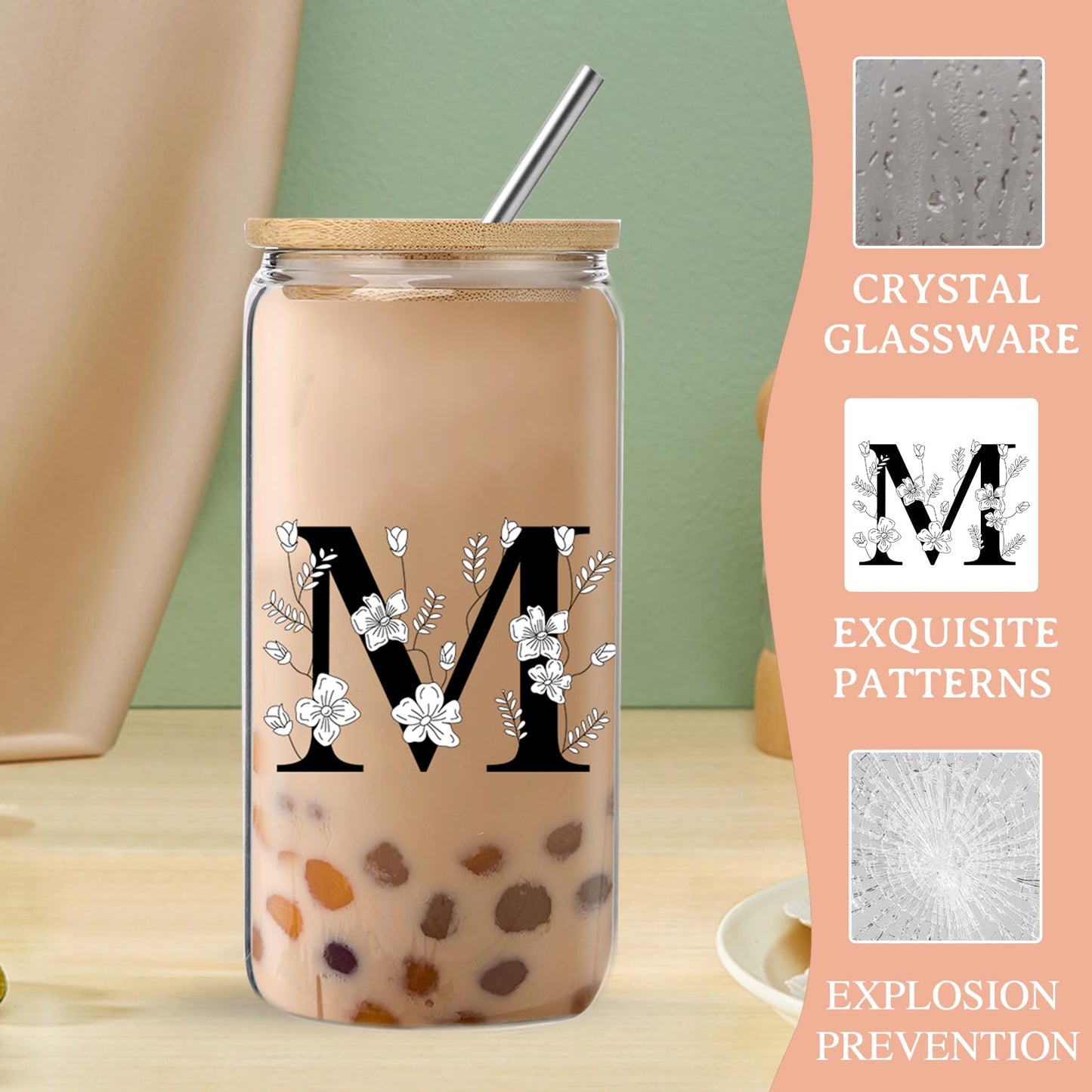 Monogrammed Initial Glass Cup with Lids and Straws gift for Women | Personalized Gift Set with Doll, 16 Oz Ice Coffee Cup ,reusable glass tumbler,Birthday Christmas Gift for Her,U WN420