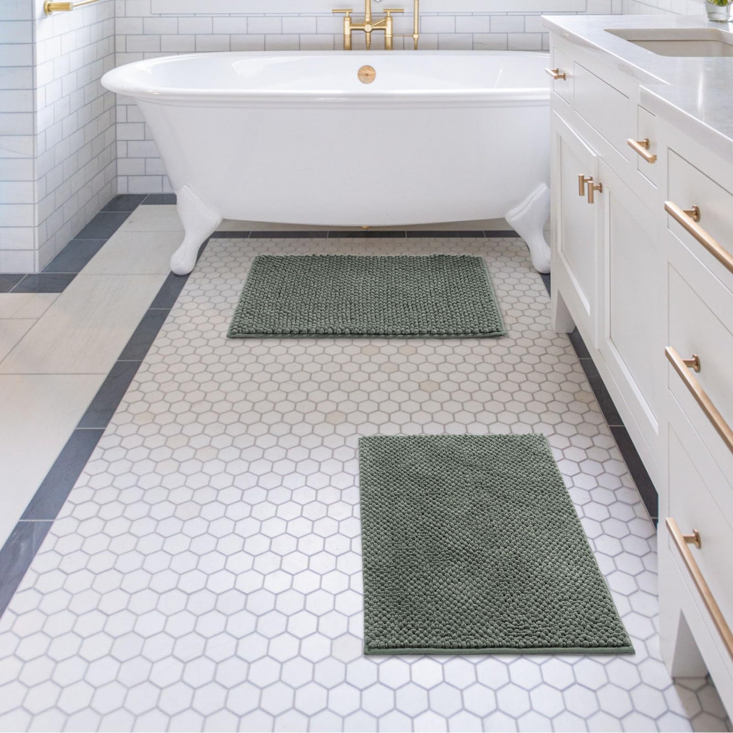 FRESHMINT Chenille Bathroom Rugs Sets 2 Piece 17"x24"+20"x32", Non-Slip Bath Mats, Absorbent Bath Rug, Washable Set of 2 Shower Floor Mat, Gray BST220