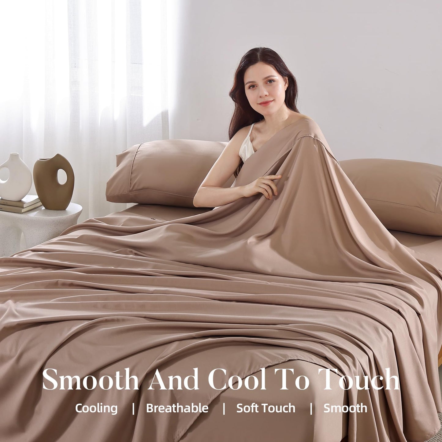 4 Piece Twin Size Sheet - Cooling Bed Sheets Set, Blend Rayon Derived from Bamboo, Breathable Soft Hotel Luxury Bedding & Pillowcases, Silky Fit 16 inch Extra Deep Pocket, Oeko-Tex - Olive Green BST326H