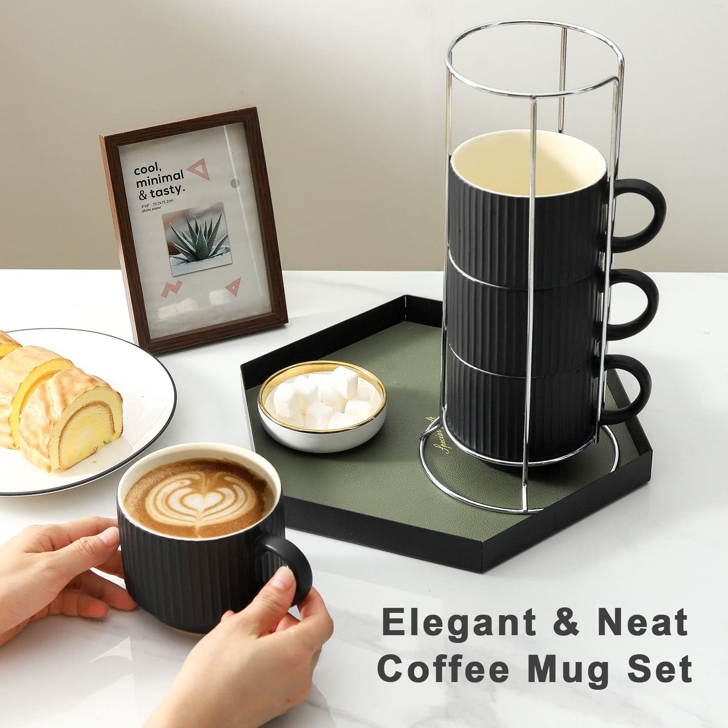 HASENSE 15 oz Ribbed Stackable Coffee Mug Set of 4, Porcelain Latte Cups with Metal Rack, Dishwasher & Microwave Safe, Cappuccino Tea Hot Cocoa, White BST220