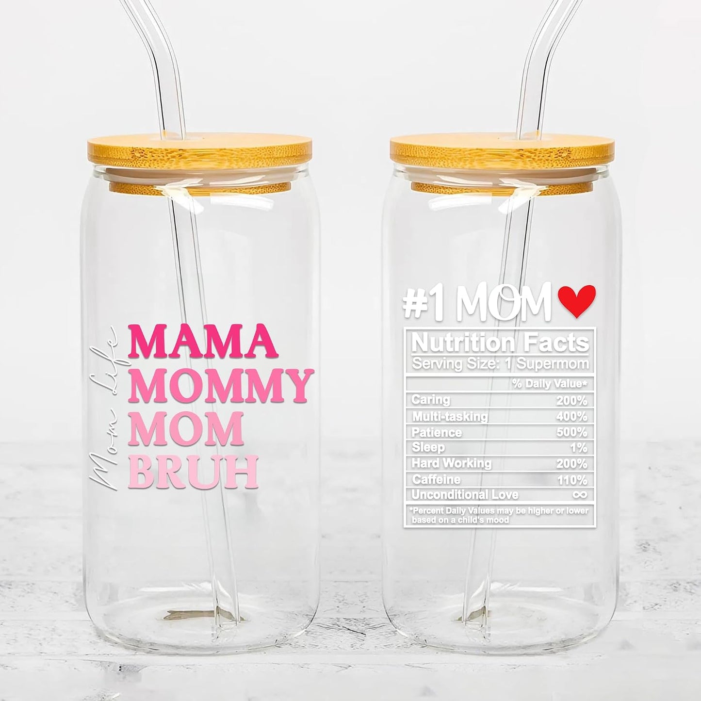Set 2Pcs Mama Mommy Mom Bruh UV DTF Cup Wraps for 16 oz Glass Mom Life Heart Mother's Day, Cold Transfer Stickers for Glass Cups, Vinyl Waterproof Rub on Transfer Sticker Christmas BST202