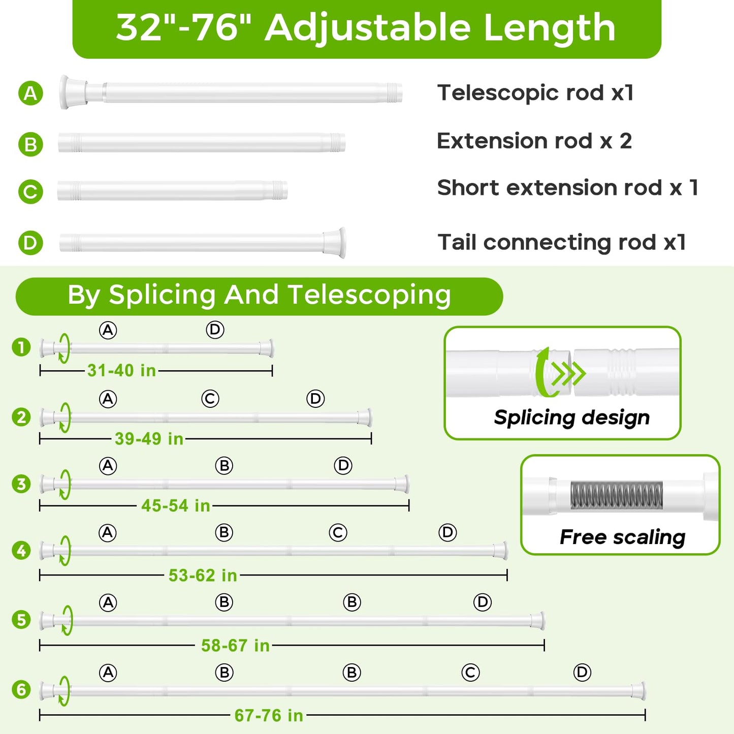 White Shower Curtain Rod 32 to 76 Inches Adjustable, 7/8 Inch Diameter Heavy Duty Tension Curtain Rods No Drill, Rust-Resistant Tension Rod for Bathroom, 1 Pack BST326H