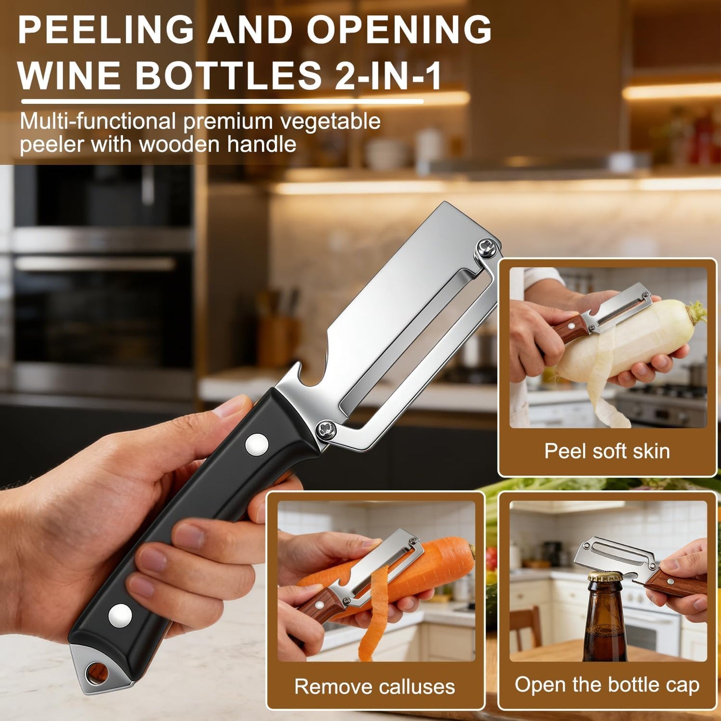 2PCS Premium Vegetable Peeler with Wooden Handle and Bottle Opener,Multifunctional 2-in-1 Stainless Steel Kitchen Tool for Potato Fruit Pineapple Pumpkin Papaya Carrot Vegetable Peeler(Mix) BST326H