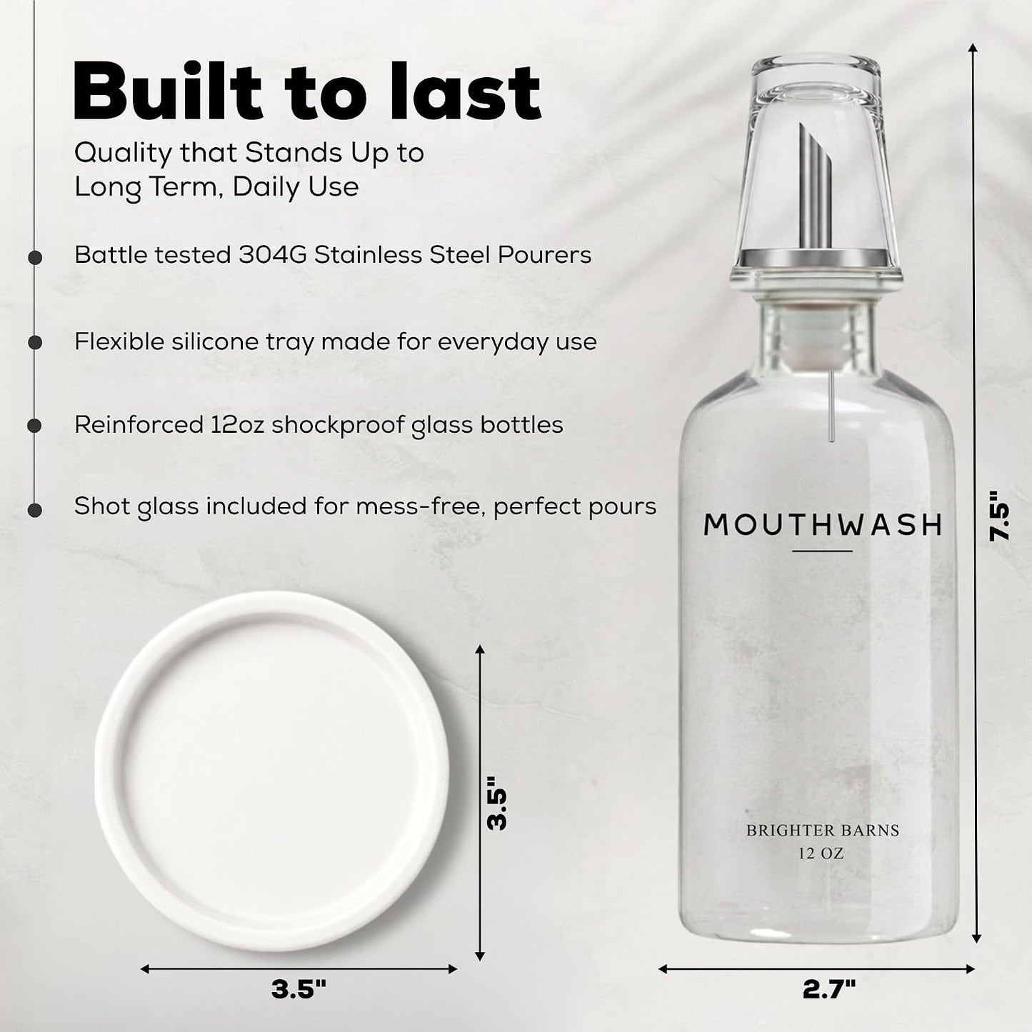 Glass Mouthwash Dispenser for Bathroom by Brighter Barns - Refillable Mouthwash Container with Glass Cup and Tray - Mouth Wash Dispensers for Bathroom Sink, Home Decor, Airbnb, Office, Hotel (Clear) BST326H