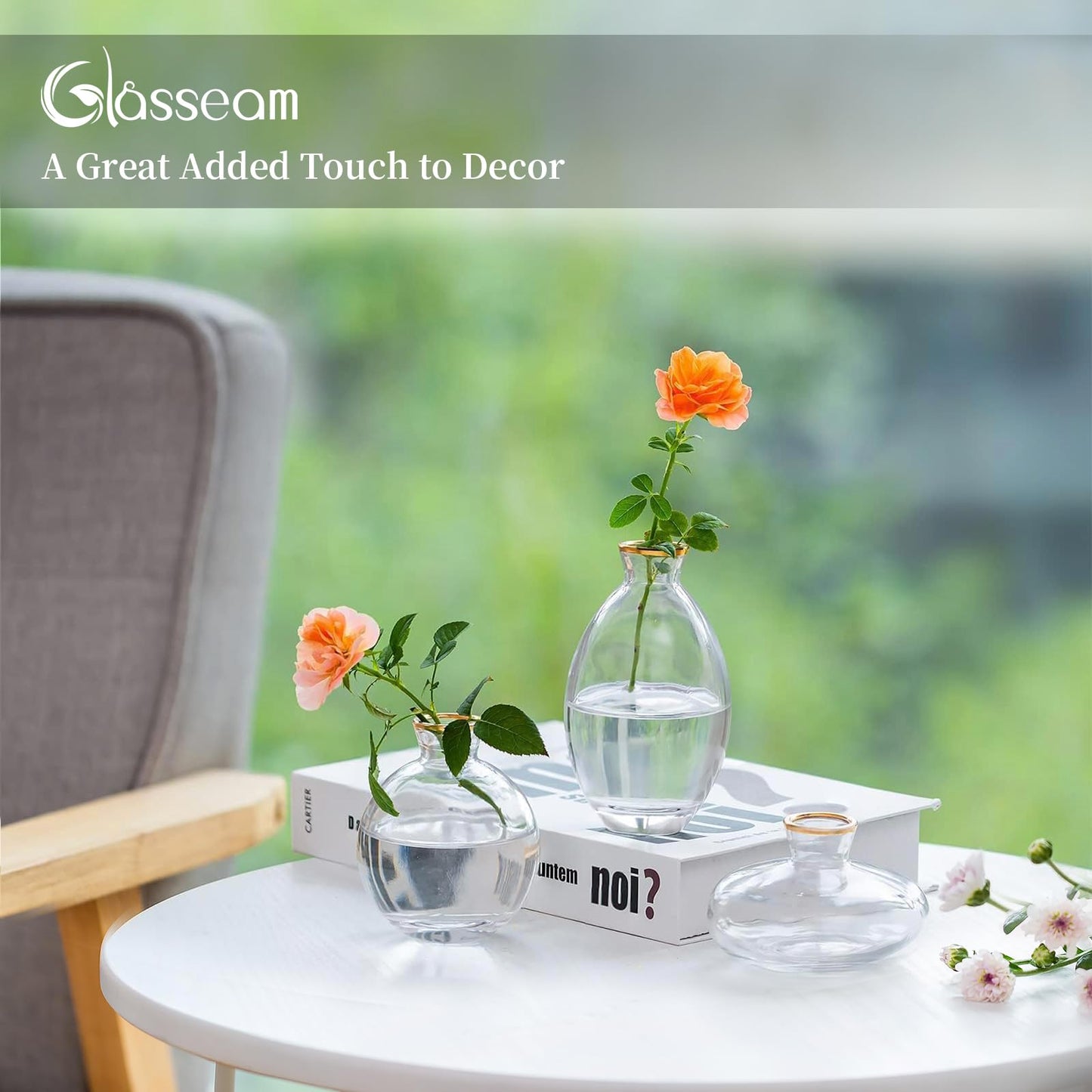 Glasseam Clear Glass Bud Vase, 3Pcs/Set Modern Decorative Small Mini Flowers Vases Short Minimalist Aesthetic Home Decor Vintage Cute Handmade Tiny Wedding Table Centerpieces for Single Flower Rose BST326H
