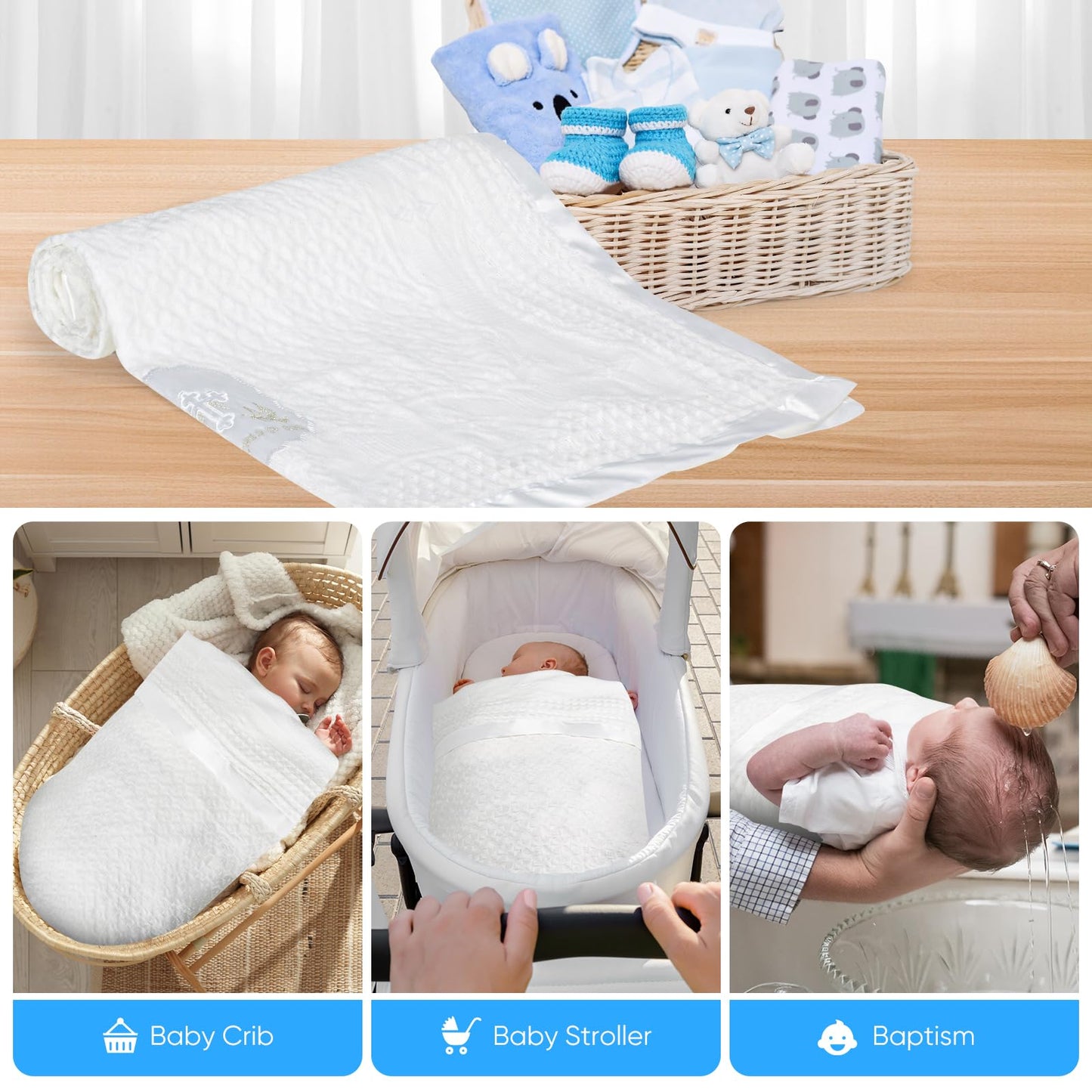 Baby Blanket White Baptism Gifts for Girl Boys First Communion Christening Christian Gifts for Kids White Soft Crochet Knitted Towel BST326H