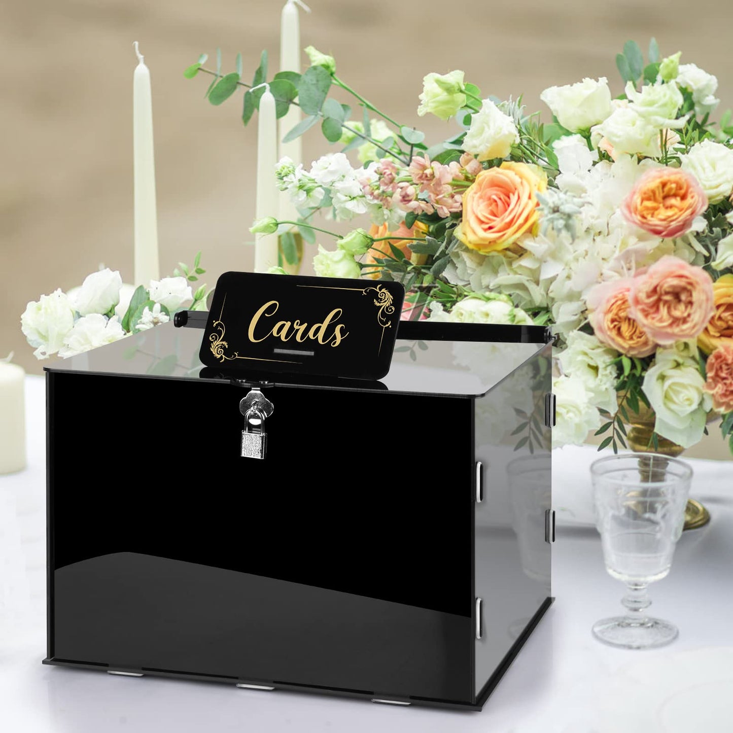 Fowecelt Acrylic Wedding Card Box with Lock Black Card Box DIY Large Rustic Card Box for Wedding Reception Bridal Shower Birthday Baby Shower Party Graduation Decorations (10x10x10 Inch) BST326H