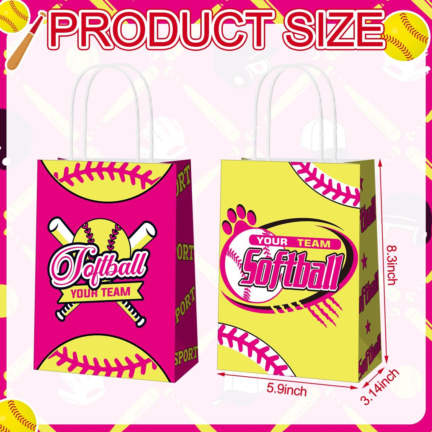 MotiMind 24 Pcs Softball Party Favor Bags Black Yellow Softball Themed Goodie Gift Wrapping Paper Bags with Handles Portable Sports Ball Candy Treat Pouch for Birthday Party Decorations Supplies BST326H