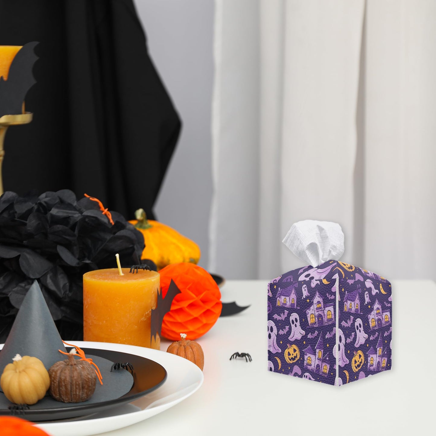 Spooky Tissue Box Cover Square - Ghosts & Bats Tissue Box Holder - Halloween Pumpkin Facial Paper Organizer Dispenser for Home Car Bathroom Office Bedroom Desk Tabletop Supplies & Decor - A11 BST220