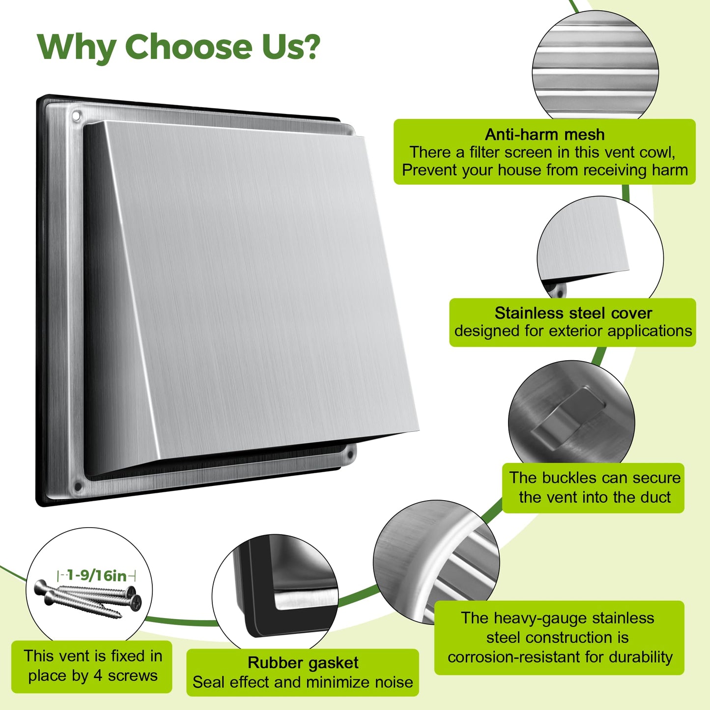 4-Inch External Extractor Wall Vent, Outdoor Stainless Steel Wall Exhaust Vent with Bird Screen, Dryer Vent Cover with Rubber Seal Cushioned Non Return Flap, Outside Airflow Vent Replacement Hood BST220
