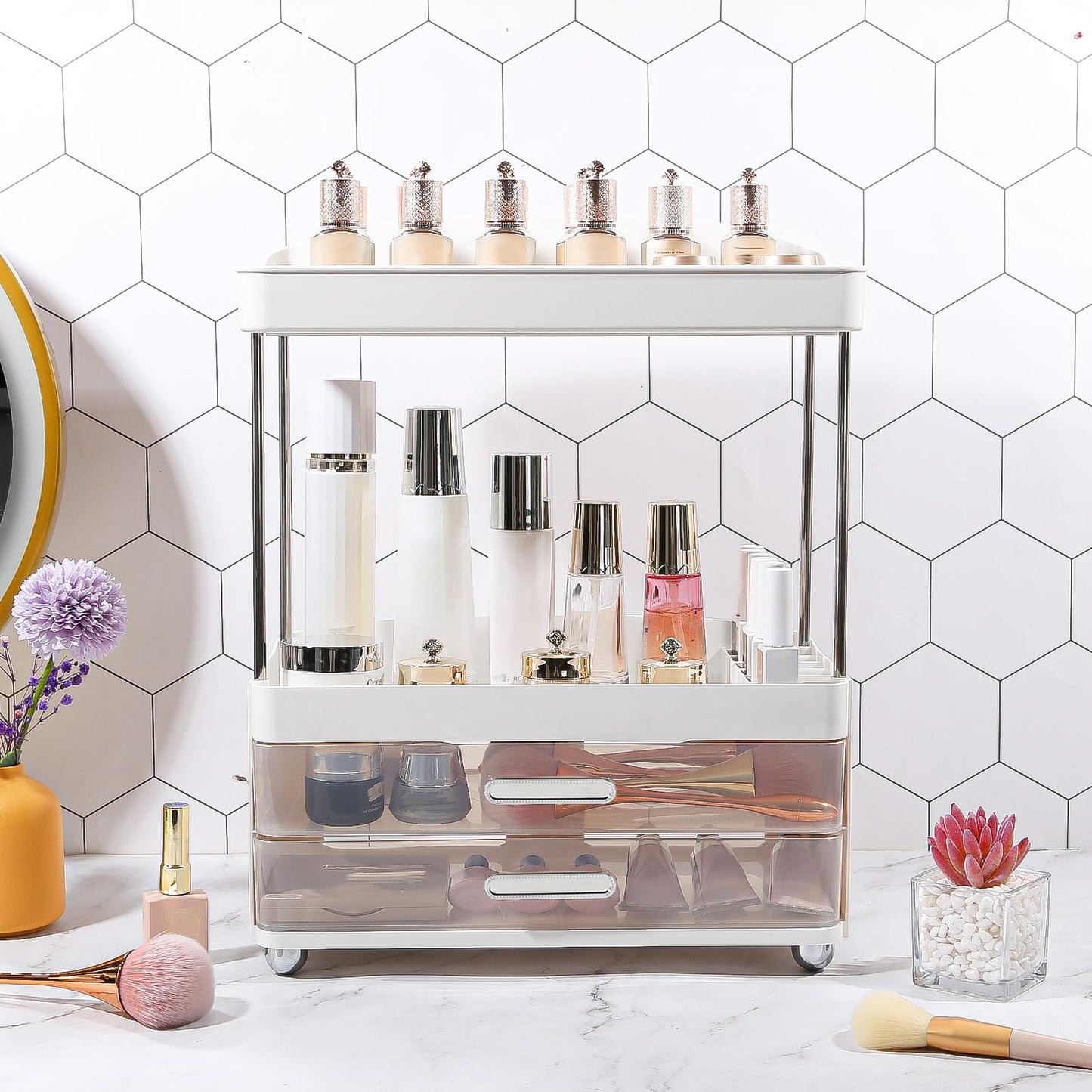 DASITON 4 Tiers Makeup Organizer, 2 Drawers Large Cosmetic Organizers for Vanity Bathroom Countertop, Bathroom Organizers and Storage for Skincare, Cosmetic, Perfume, Dresser Organizer (Cream+Clear) BST220