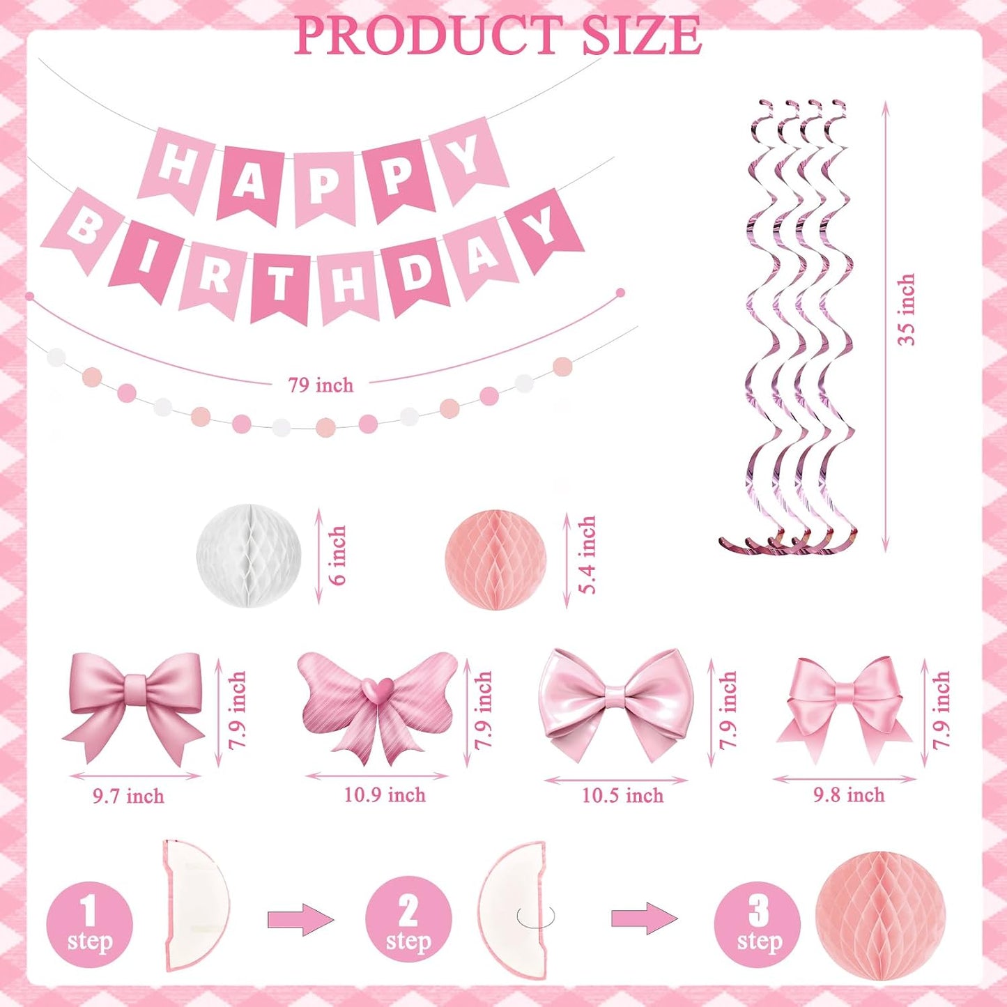 38 Pcs Pink Birthday Party Decoration Set Pink Bow Banner Hanging Swirls Honeycomb Balls for Women Girls Bow Birthday Bachelorette Party Baby Shower Party Supplies BST220