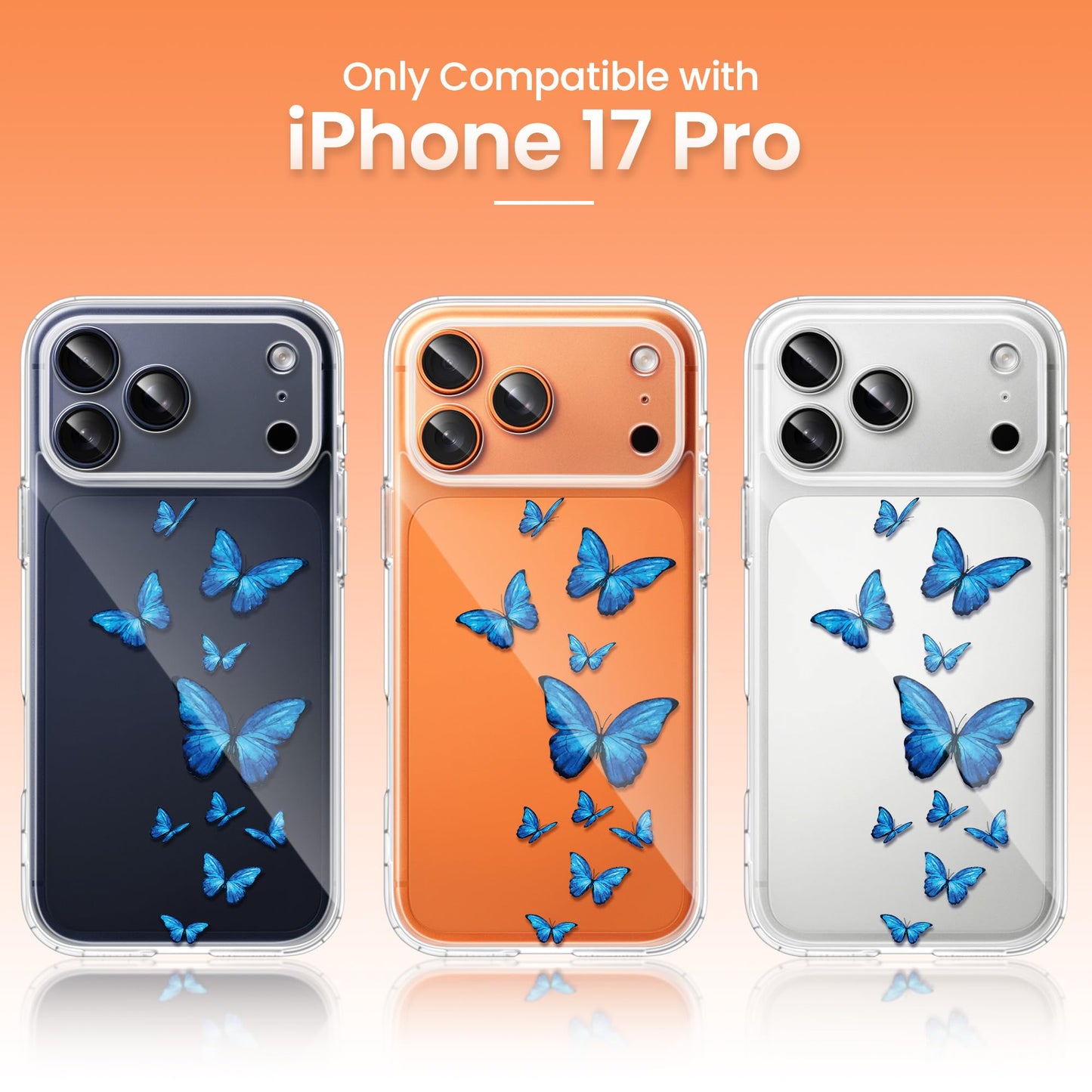 Cute Girly Crystal Clear Case Compatible with iPhone 16 Pro, Camera Control & Shockproof Protection Floral Case for Women, Blue Butterflies WN420