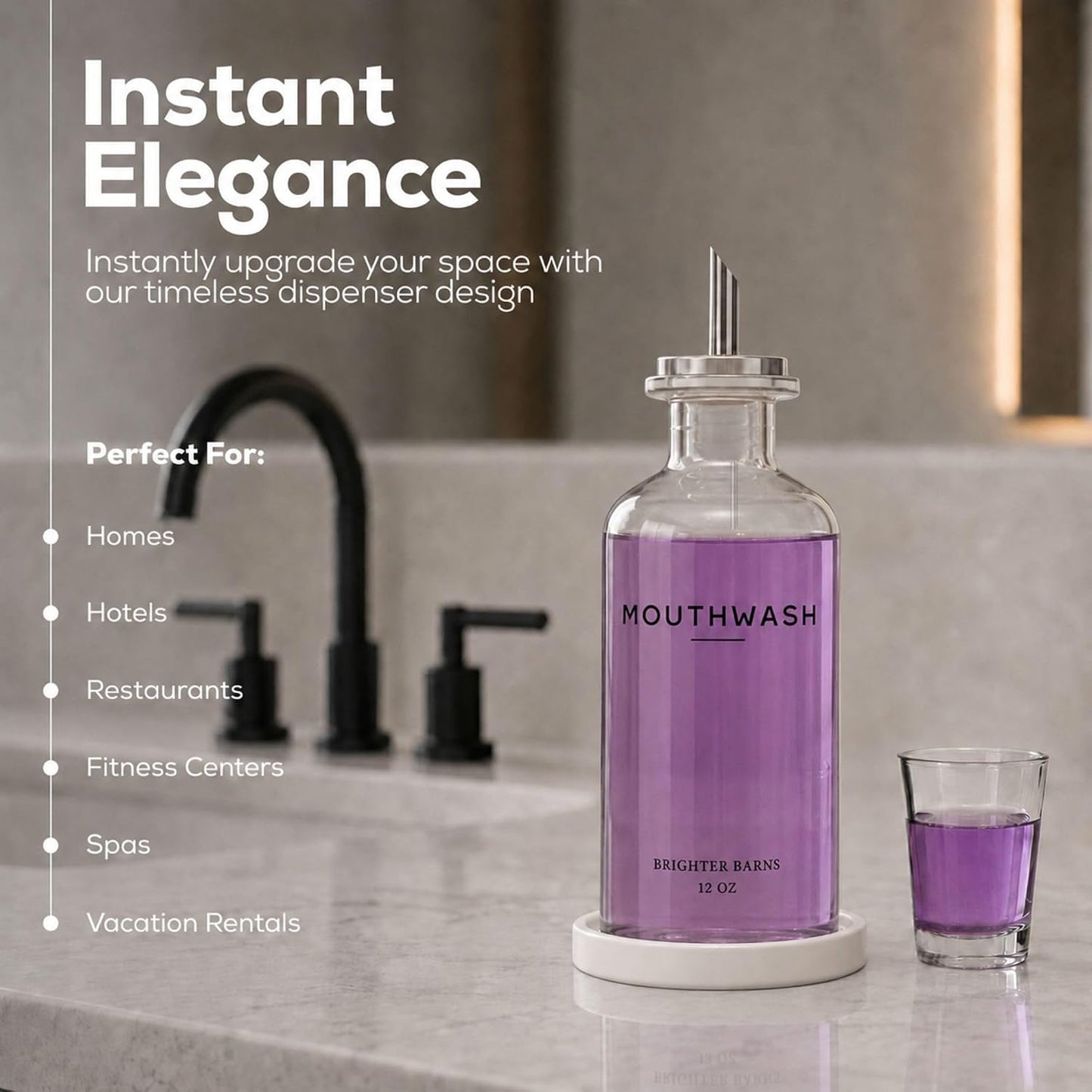 Glass Mouthwash Dispenser for Bathroom by Brighter Barns - Refillable Mouthwash Container with Glass Cup and Tray - Mouth Wash Dispensers for Bathroom Sink, Home Decor, Airbnb, Office, Hotel (Clear) BST326H