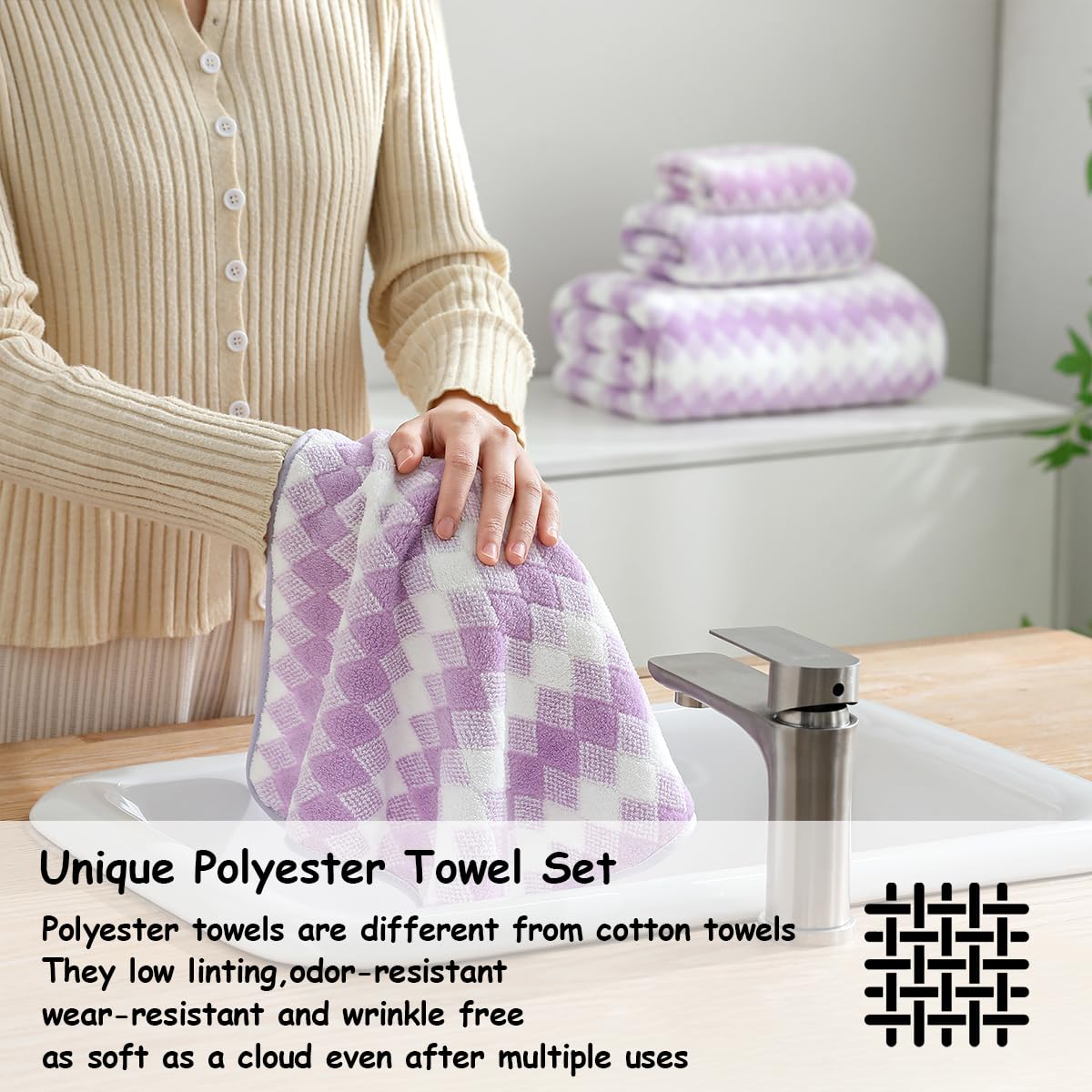 12 Pcs Light Gray Diamond Towel Set-4 Bath Towels,4 Hand Towels,4 Washcloths Soft Polyester Towels with Loop Absorbent Shower Towel Quick Dry Beach Chair Towel Family Towels for Bathroom Spa Gym Pool BST220