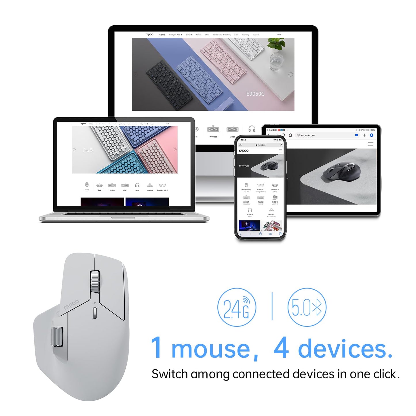 Rapoo MT760 Multi-Device Wireless Mouse, Bluetooth 5.0 and 2.4G Multi-Mode Connection, Up to 4 Devices, 11 Programmable Buttons, 4K DPI, 90 Days Battery Life, PC, Light Grey
