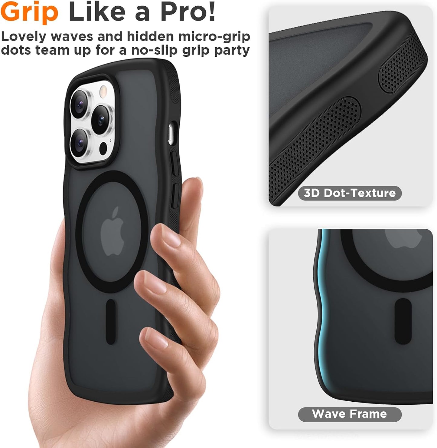 Magnetic for iPhone 13 Pro Case, Compatible with MagSafe Cute Wave Non-Slip Translucent Matte Easier Grip Shockproof Phone Case for iPhone 13 Pro, Black WN420