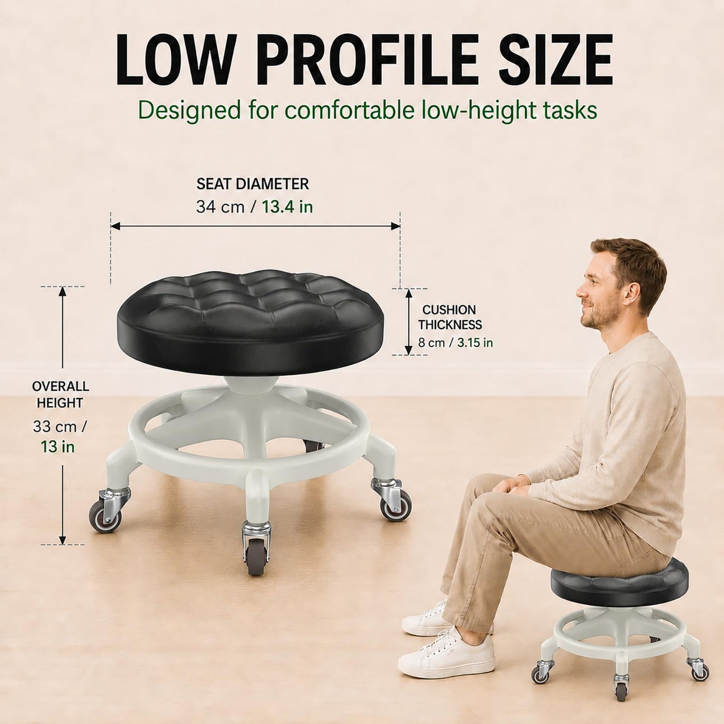 Low Rolling Stool with Smooth & Quiet Bearing Rubber Wheels, Heavy Duty 600 lb Capacity Mechanics Rolling Seat for Garage, Salon, Cleaning & Auto Repair, Black Seat with Black Frame WN420