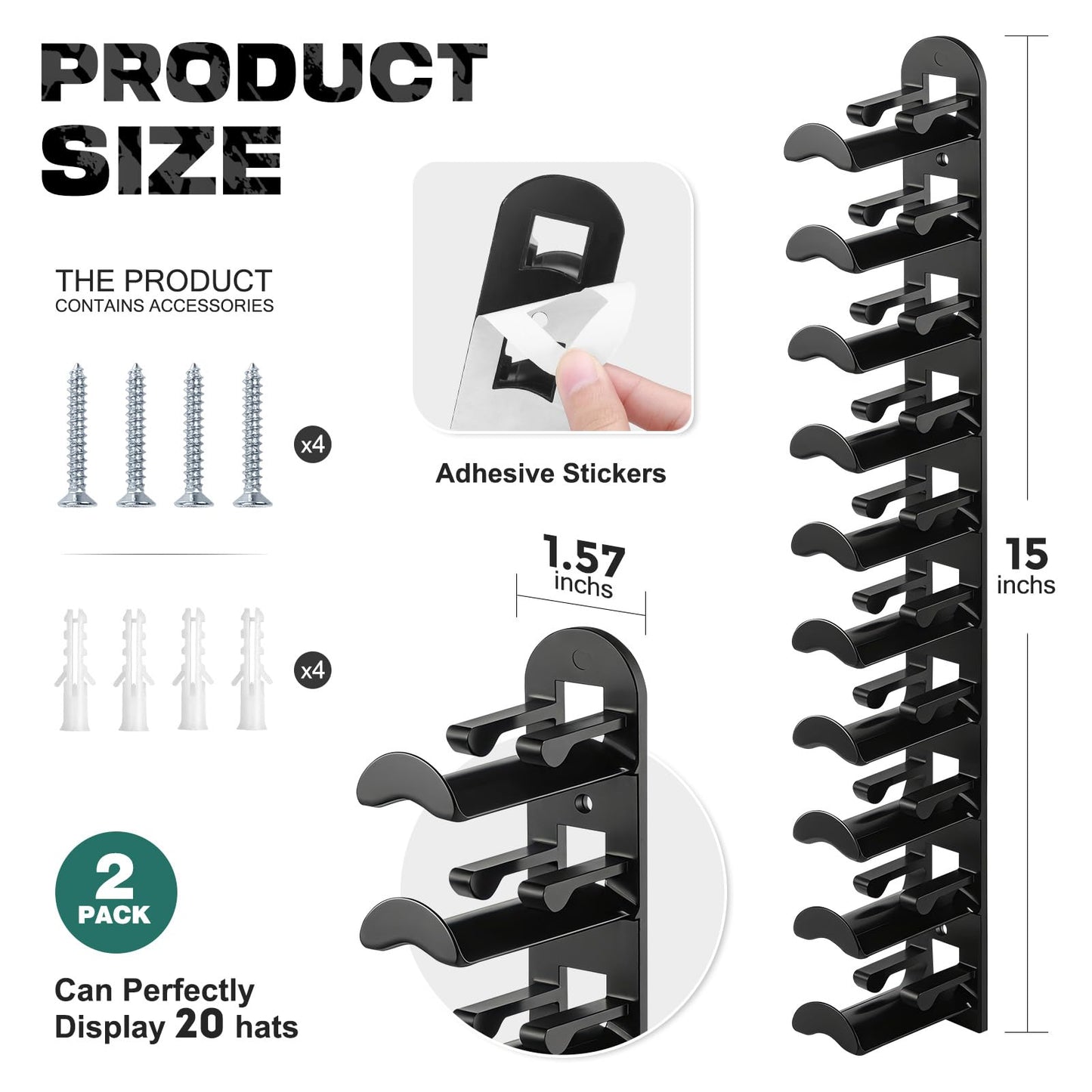 Hat Hook for Wall, 2 Pack Hat Organizer Hold up to 20 Hats,Hat Holder with Strong Adhesive and 8 Pack Screws, Cap Holder Hat Hangers for Wall Closet Door and Bedroom(B-Black) BST220