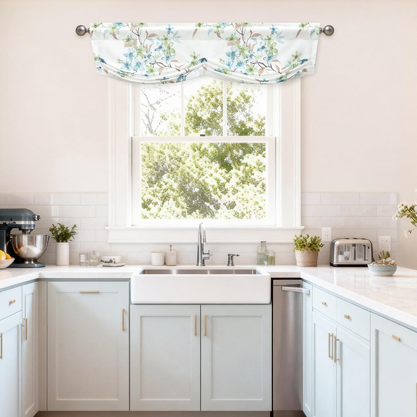 Leeva Farmhouse Kitchen Valances for Windows, Watercolor Blossoming Floral Print Curtains, Soft Faux Linen Curtain Toppers and Valances for Bedroom, 60 x 14 Inch, Brown & Grey, 1 Panel BST220