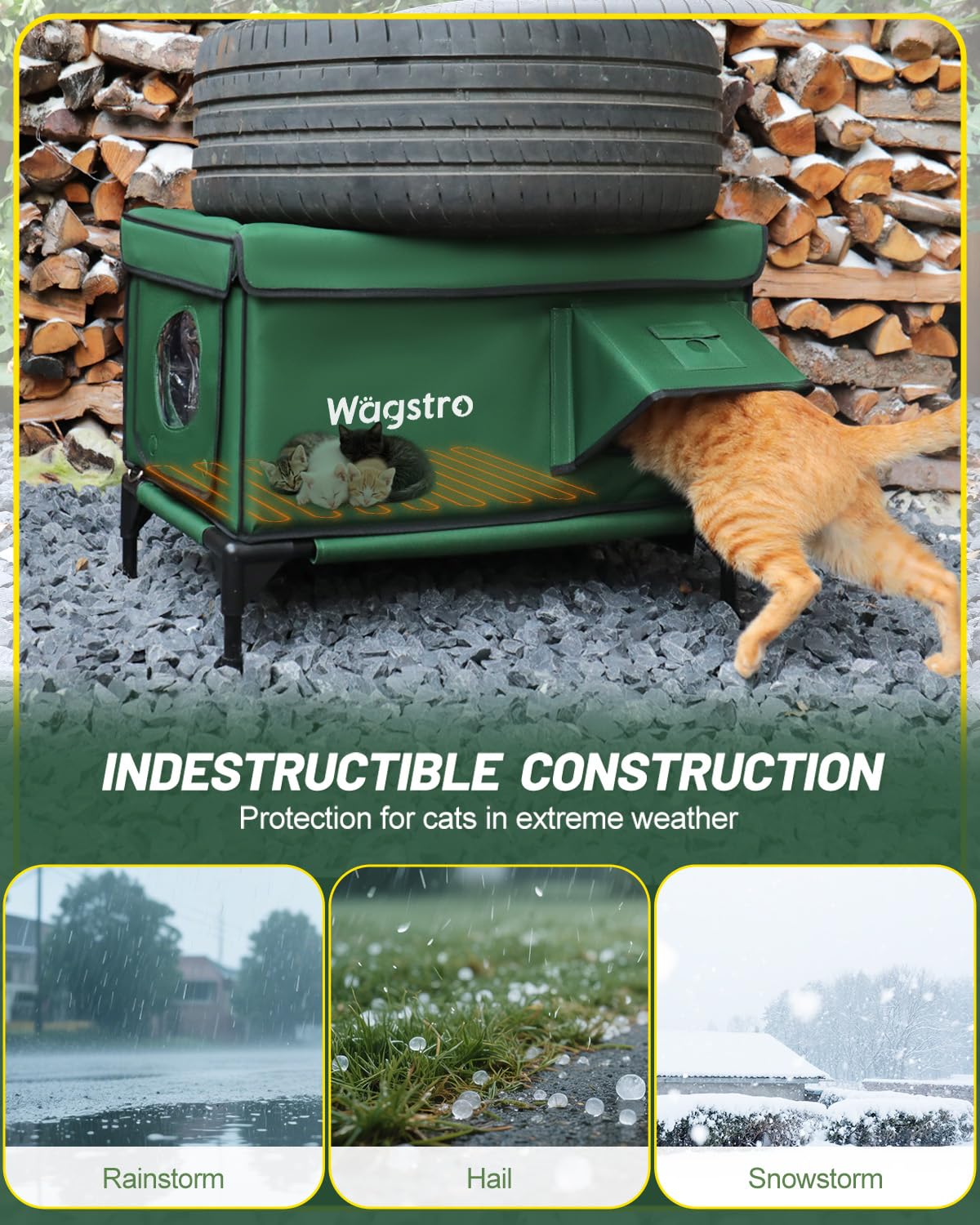 Heated Cat House for Outside, Insulated Weatherproof Heated Outdoor Cat House with Waterproof Eaves & Escape Door, Elevated Outdoor Cat Shelter for Feral Stray Cat (Green, 16.5"x13"x16.9")