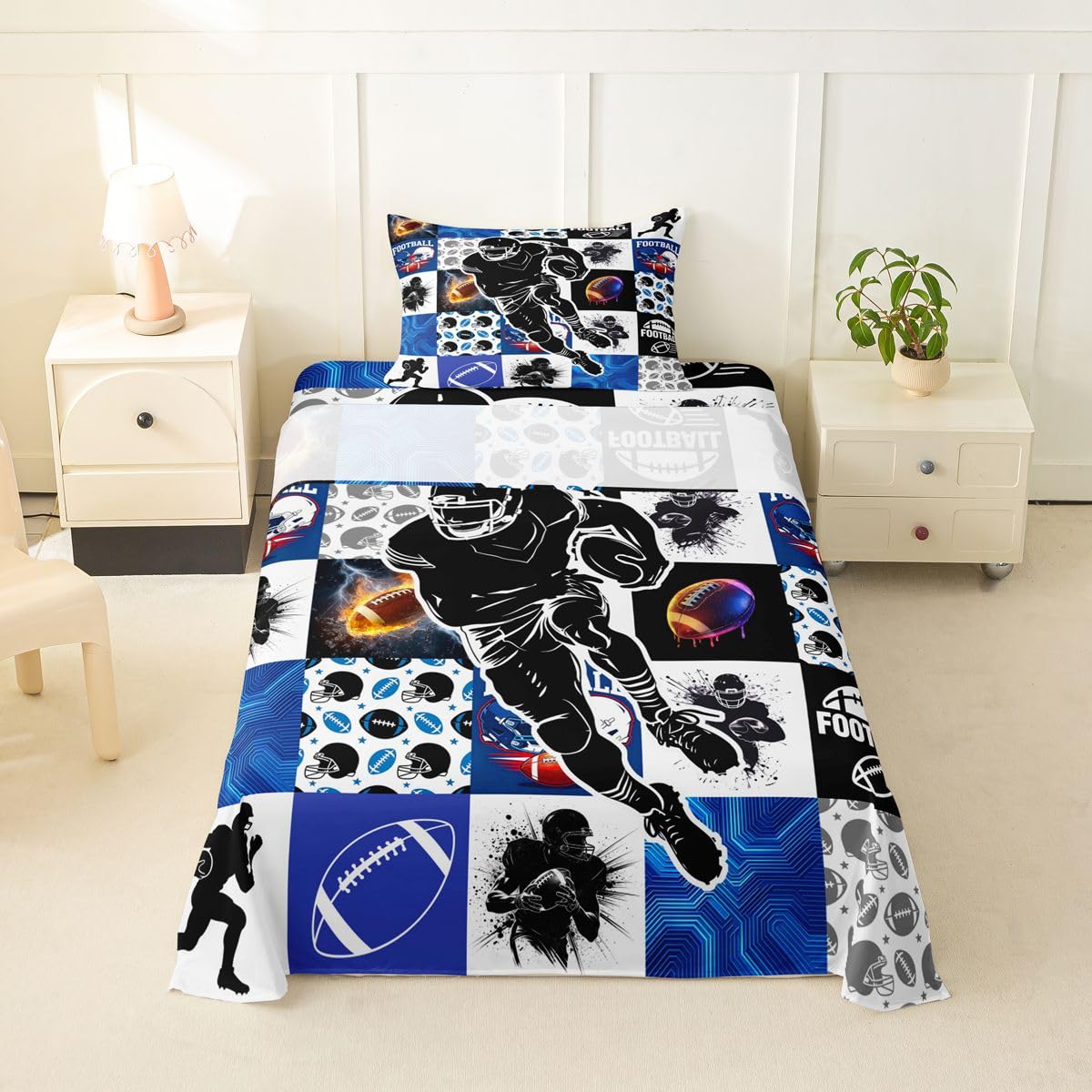 Erosebridal Gridiron Sheet Set Sports Ball Game Sheets Twin for Boys Girls Rugby Competition Game Bed Sheets Set, Football Themed Bedding Set with 1 Pillowcase BST326H