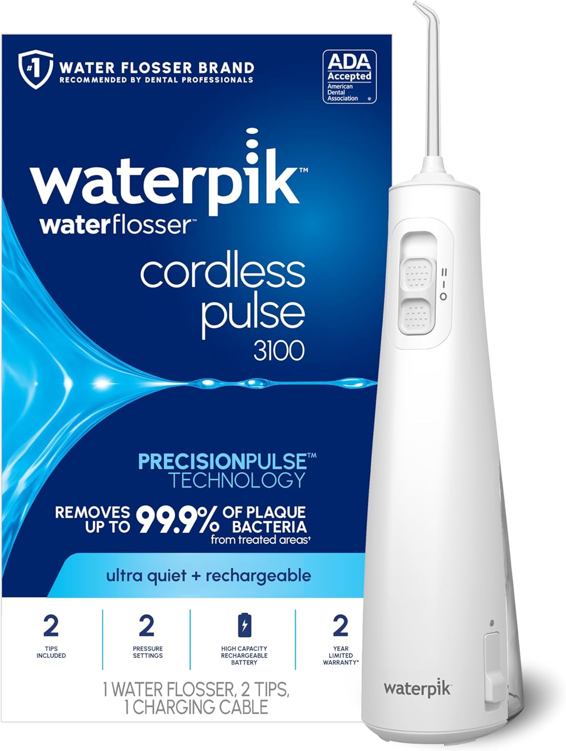 Waterpik Cordless Pulse 3100 Rechargeable Portable Water Flosser for Teeth, Gums, Braces Care and Travel with 2 Flossing Tips, Waterproof for Shower Use, ADA Accepted, WF-20 White, Amazon Exclusive DD1210