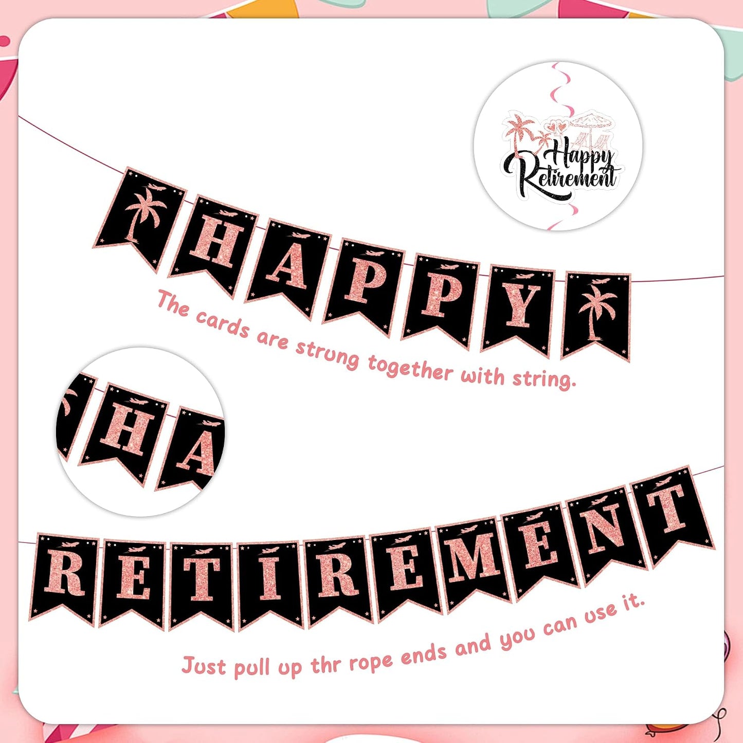 Happy Retirement Party Decorations Women - 33 Pcs Black Rose Gold Banners Hanging Swirls Glitter Cupcake Cake Toppers Backdrop Sparkling Sash Confetti Balloons for Retire Decoration Party Supplies BST326L